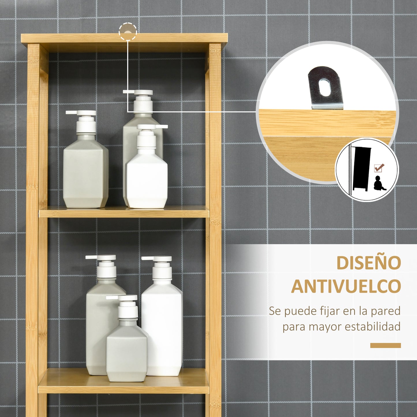 kleankin Estantería de Baño de Bambú Armario Alto para Baño con 3 Estantes y 1 Puerta Mueble Columna de Almacenaje para Salón 34x30x173 cm Natural