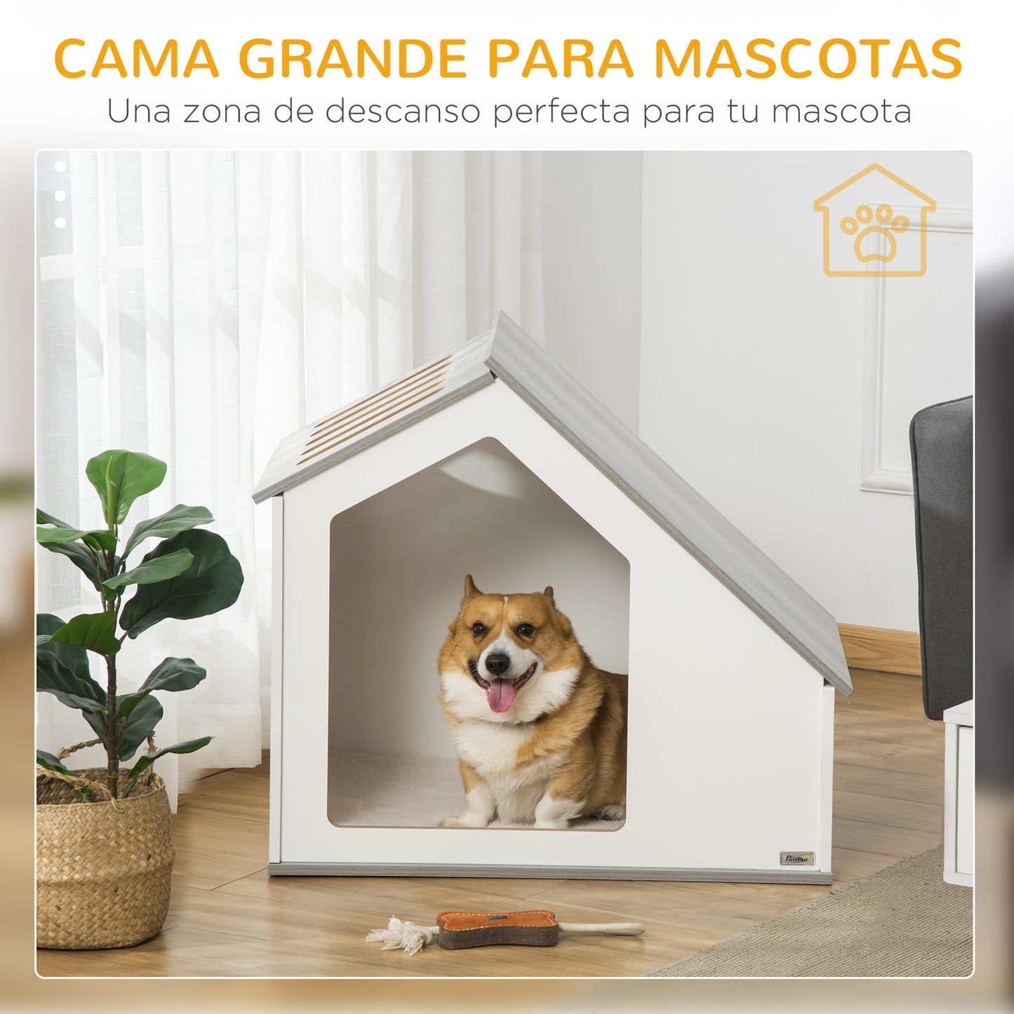 PawHut Caseta de Madera para Perros Interior Casa para Mascotas con Cojín Desenfundable Lavable y 5 Ventilaciones 84,5x54,5x75 cm Blanco