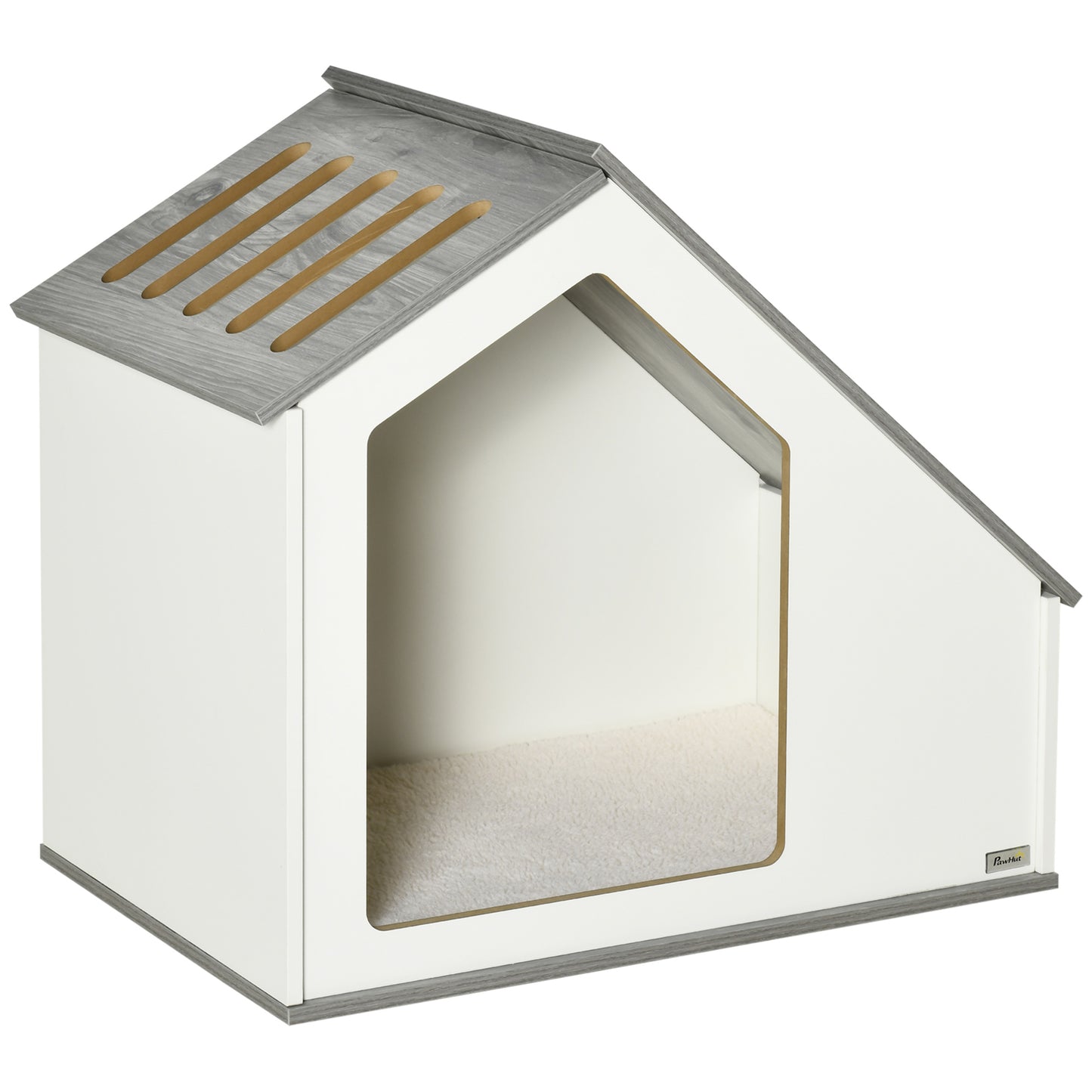 PawHut Caseta de Madera para Perros Interior Casa para Mascotas con Cojín Desenfundable Lavable y 5 Ventilaciones 84,5x54,5x75 cm Blanco