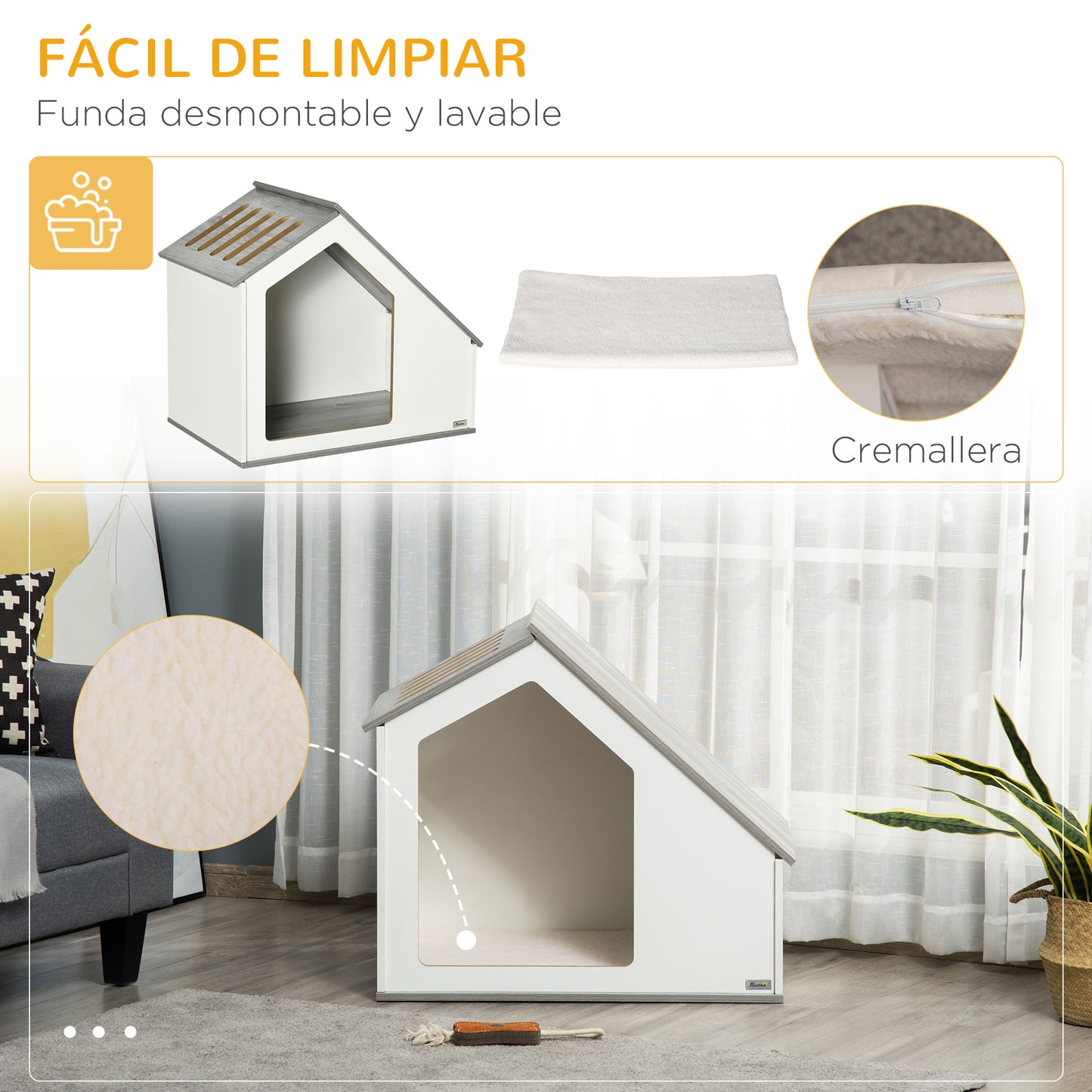 PawHut Caseta de Madera para Perros Interior Casa para Mascotas con Cojín Desenfundable Lavable y 5 Ventilaciones 84,5x54,5x75 cm Blanco