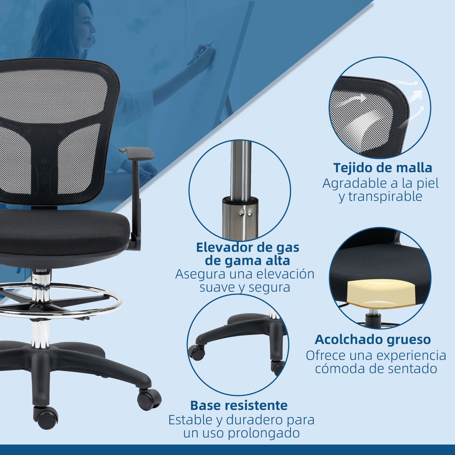 Vinsetto Silla de Dibujo Ergonómica de Malla Silla de Escritorio Giratoria con Reposabrazos Anillo de Reposapiés Ajustable y Altura del Asiento para Salón Oficina 59x59x95-115 cm Negro