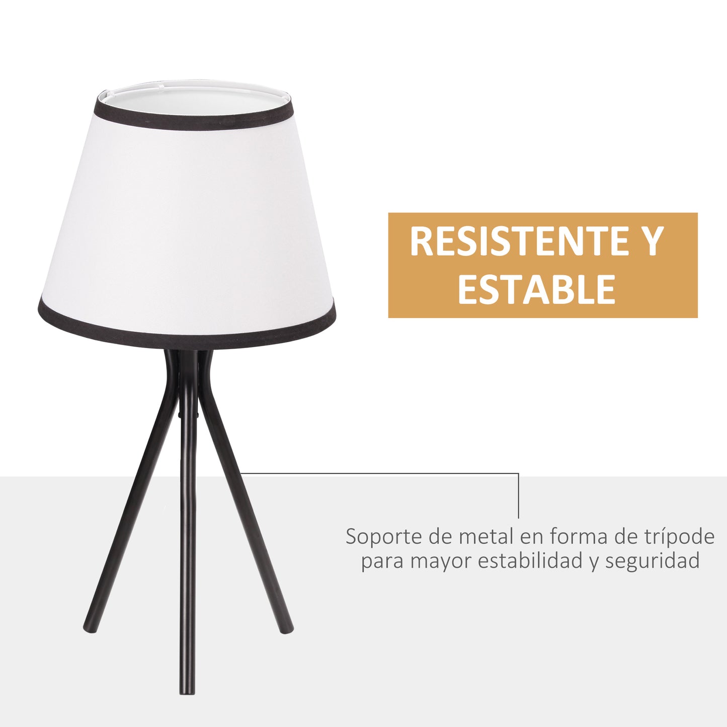 HOMCOM Lámpara de Mesa con Trípode de Metal Lámpara de Escritorio con Pantalla de Tela y Casquillo E27 Máx. 40W Estilo Moderno para Dormitorio Salón Ø25x50 cm Blanco y Negro