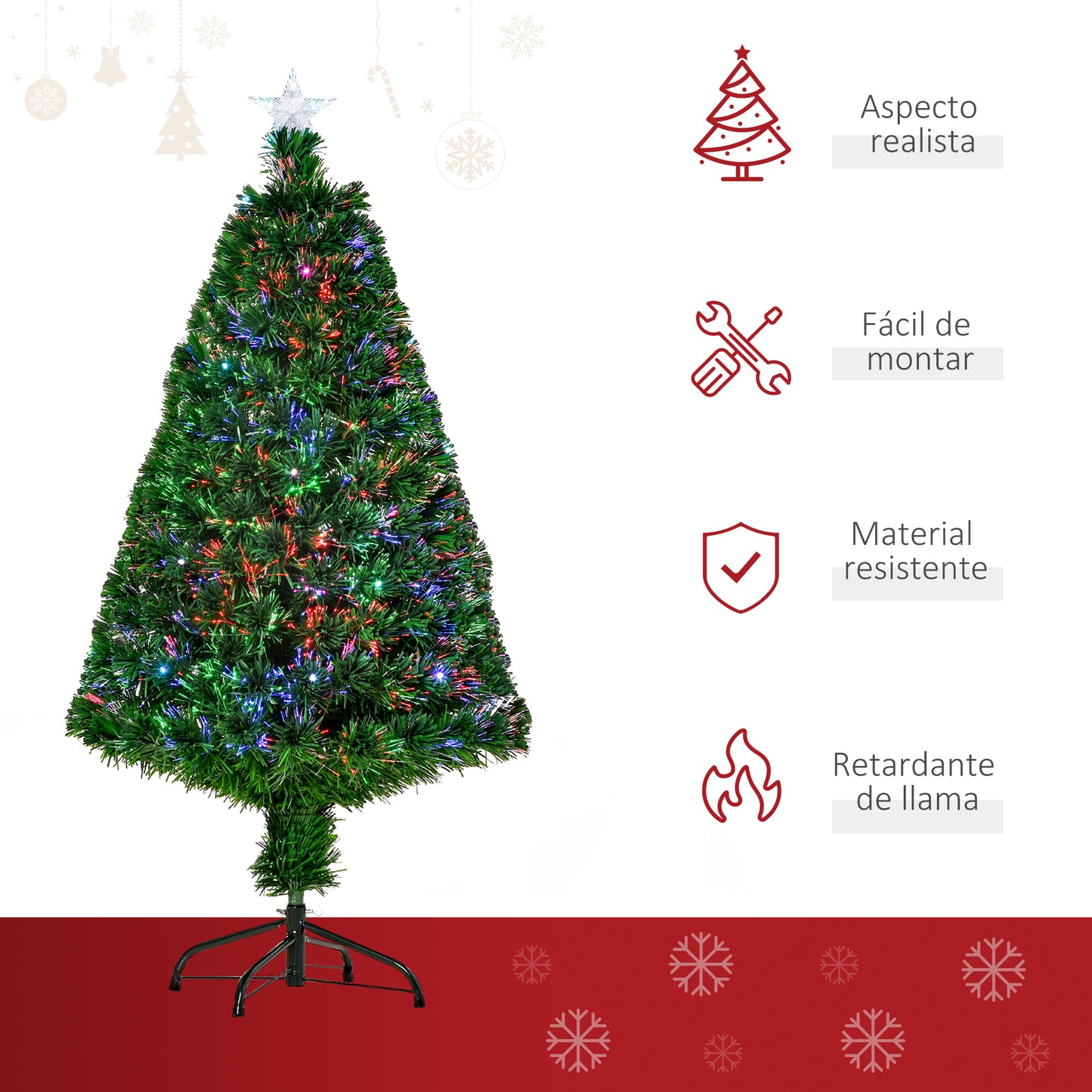 HOMCOM Árbol de Navidad 120cm Artificial Árbol de Pino Decoración Navideña con 16 LED de 3 Colores 130 Ramas Verde