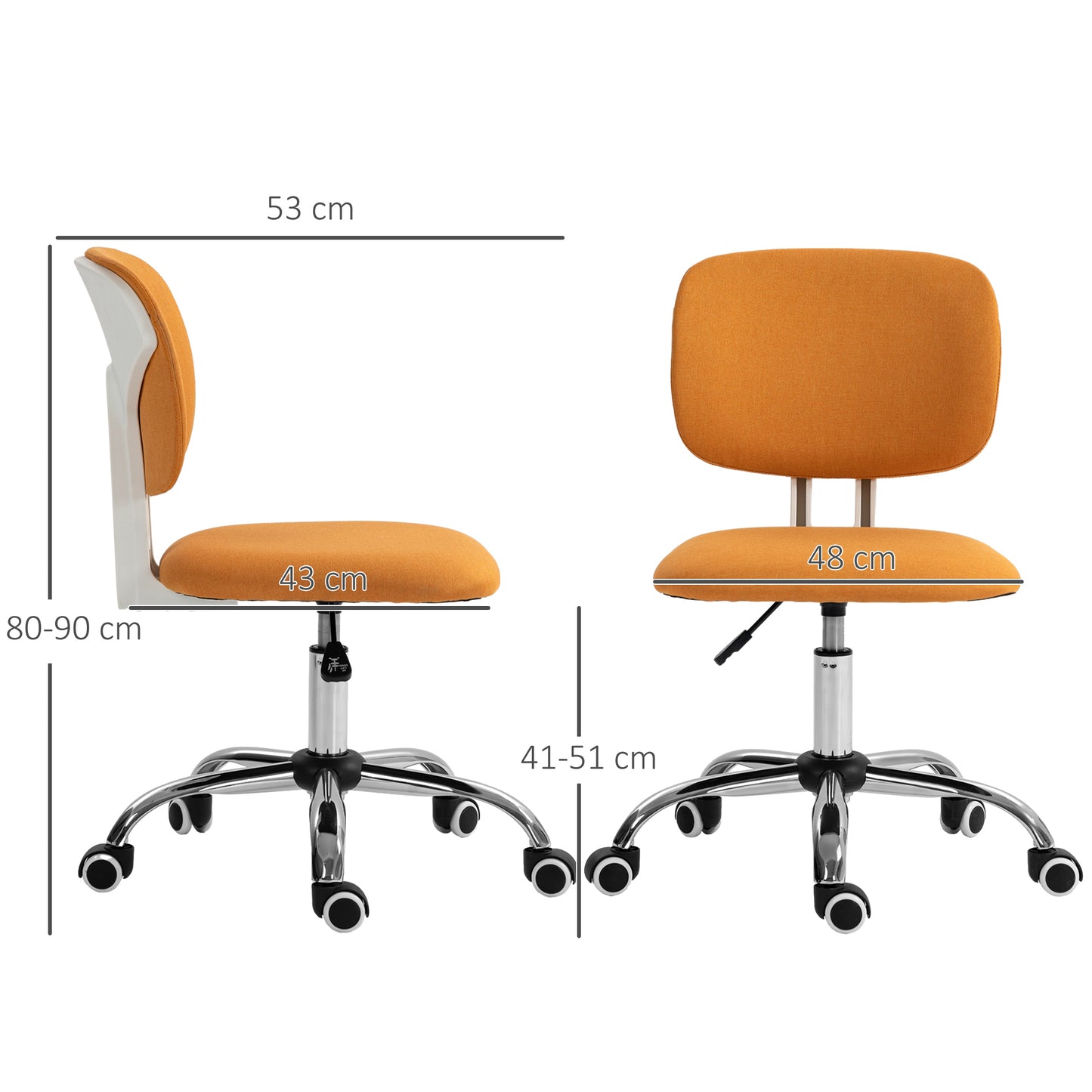 Vinsetto Silla de Oficina sin Brazos Silla de Escritorio Giratoria Tapizado de Tela con Altura Ajustable Estilo Moderno Carga 120 kg 48x53x80-90 cm Naranja