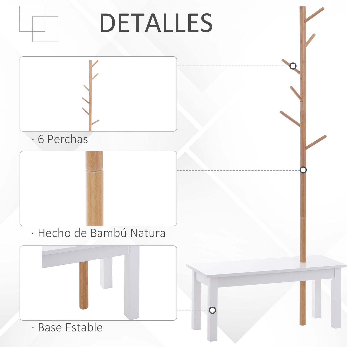 HOMCOM Perchero de Pie con Banco Colgador Tipo Árbol Moderno 6 Ganchos para Colgar Ropa Bolsa Pasillo Entrada Bambú y MDF 80x30x180cm