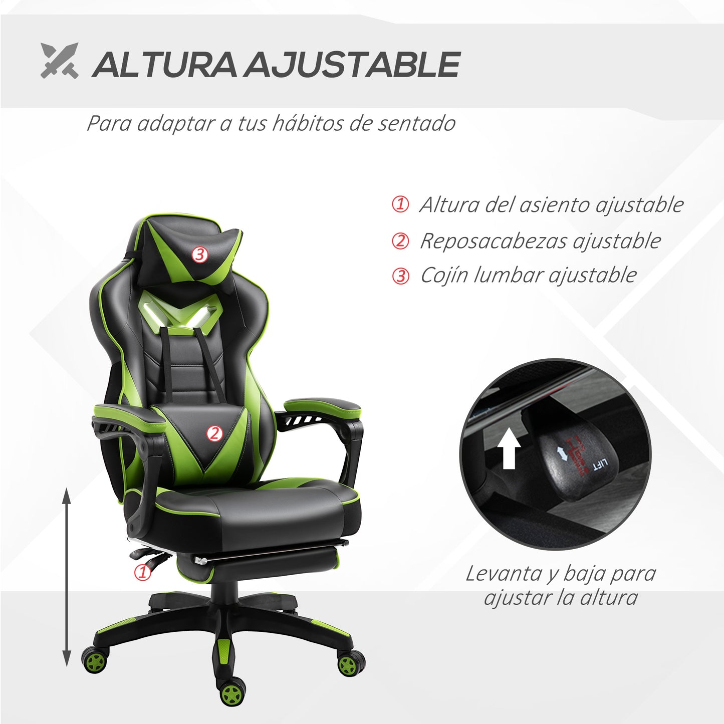 Vinsetto Silla Gaming Ergonómica Silla de Escritorio de Oficina Regulable en Altura Reclinable Respaldo con Reposapiés Reposacabezas Cojín Lumbar Ruedas 65x70x118,5-128,5 cm Verde