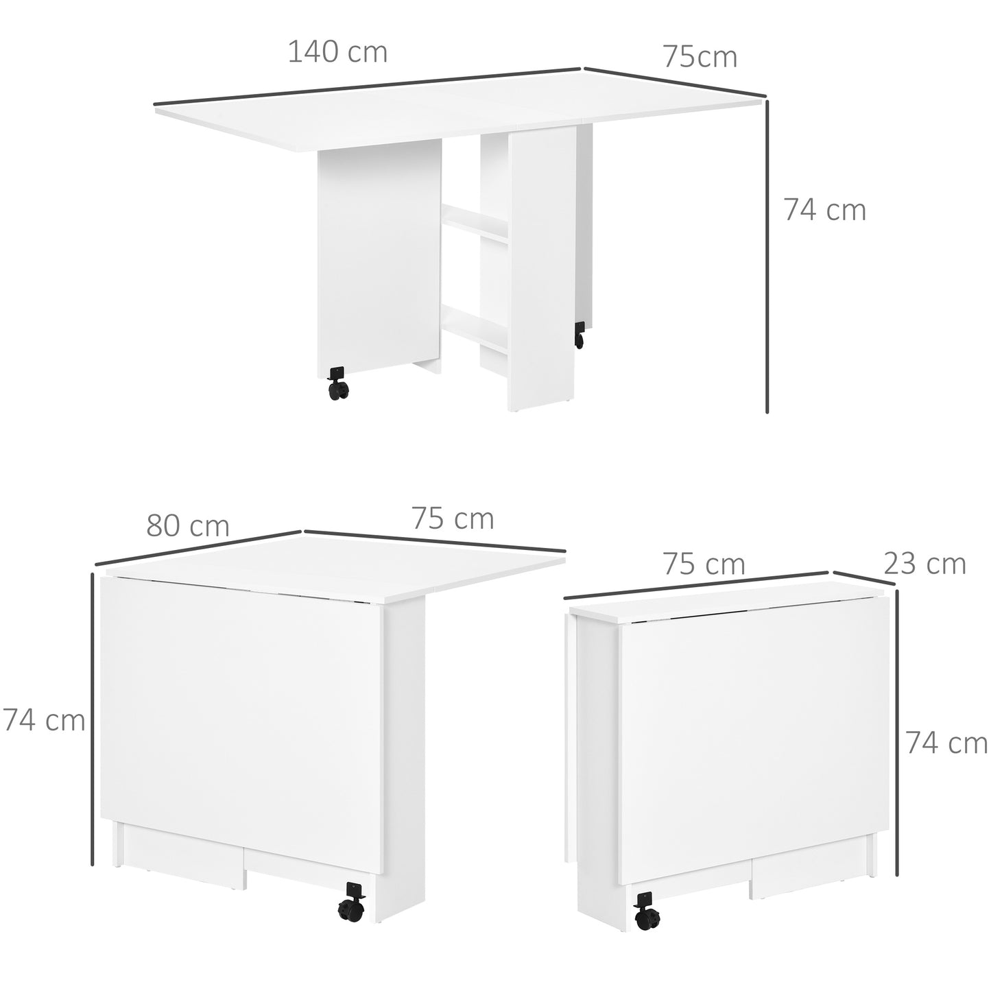 HOMCOM Mesa de Comedor Plegable Mesa de Madera con 2 Solapas 2 Estantes de Almacenaje y Ruedas para Cocina 75x140x74 cm Blanco