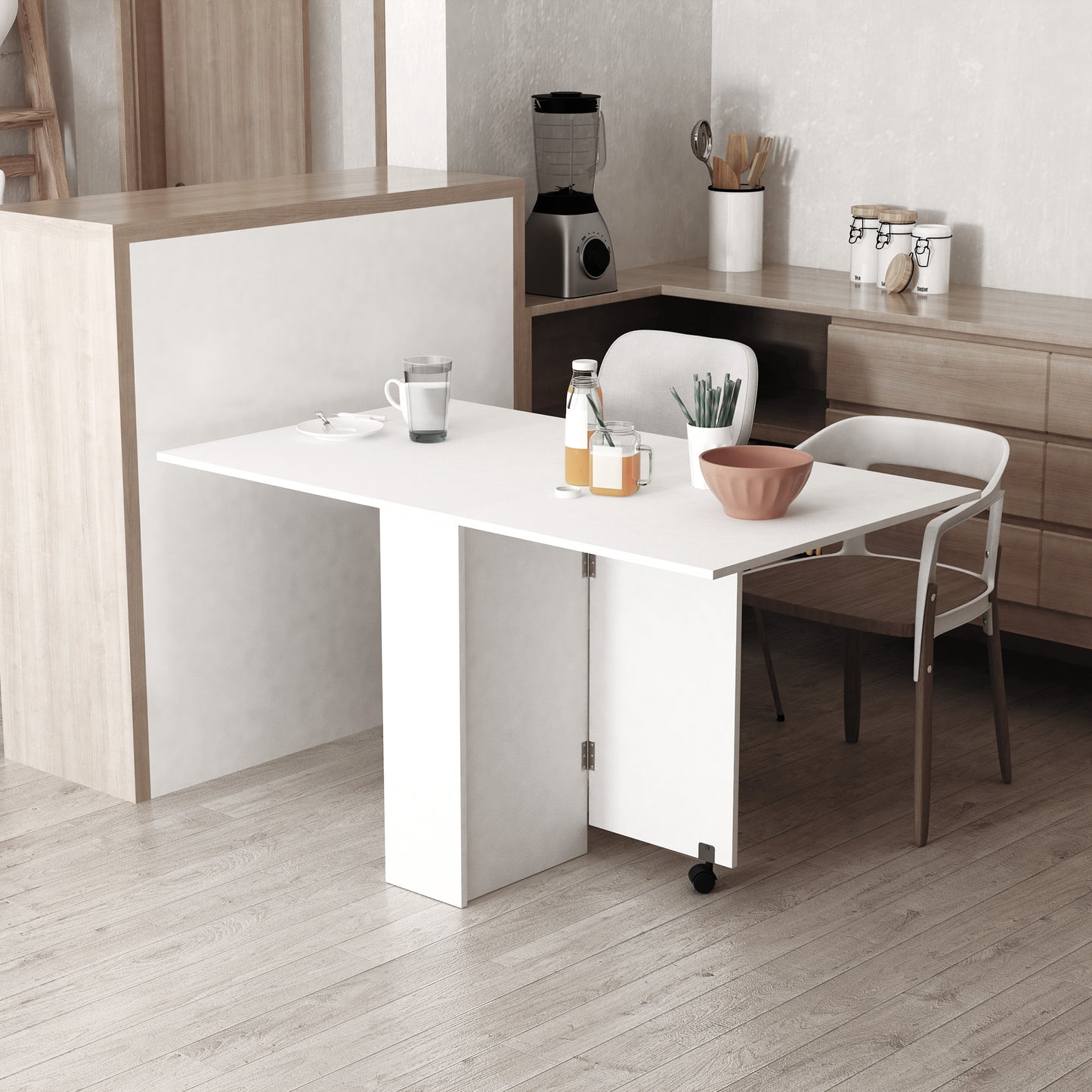 HOMCOM Mesa de Comedor Plegable Mesa de Madera con 2 Solapas 2 Estantes de Almacenaje y Ruedas para Cocina 75x140x74 cm Blanco