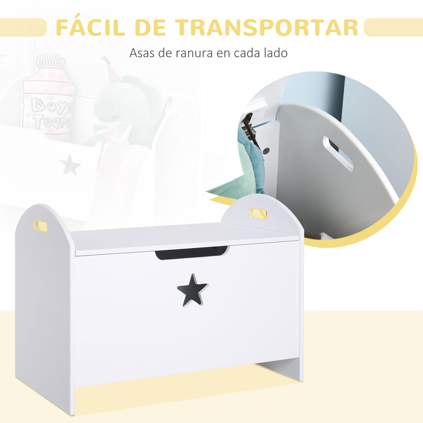 HOMCOM Baúl de Almacenaje Organizador de Juguete de Niño Tapa Reversible Diseño con Seguridad 62x40x46,5 cm Amplio Espacio Carga 20 kg Blanco