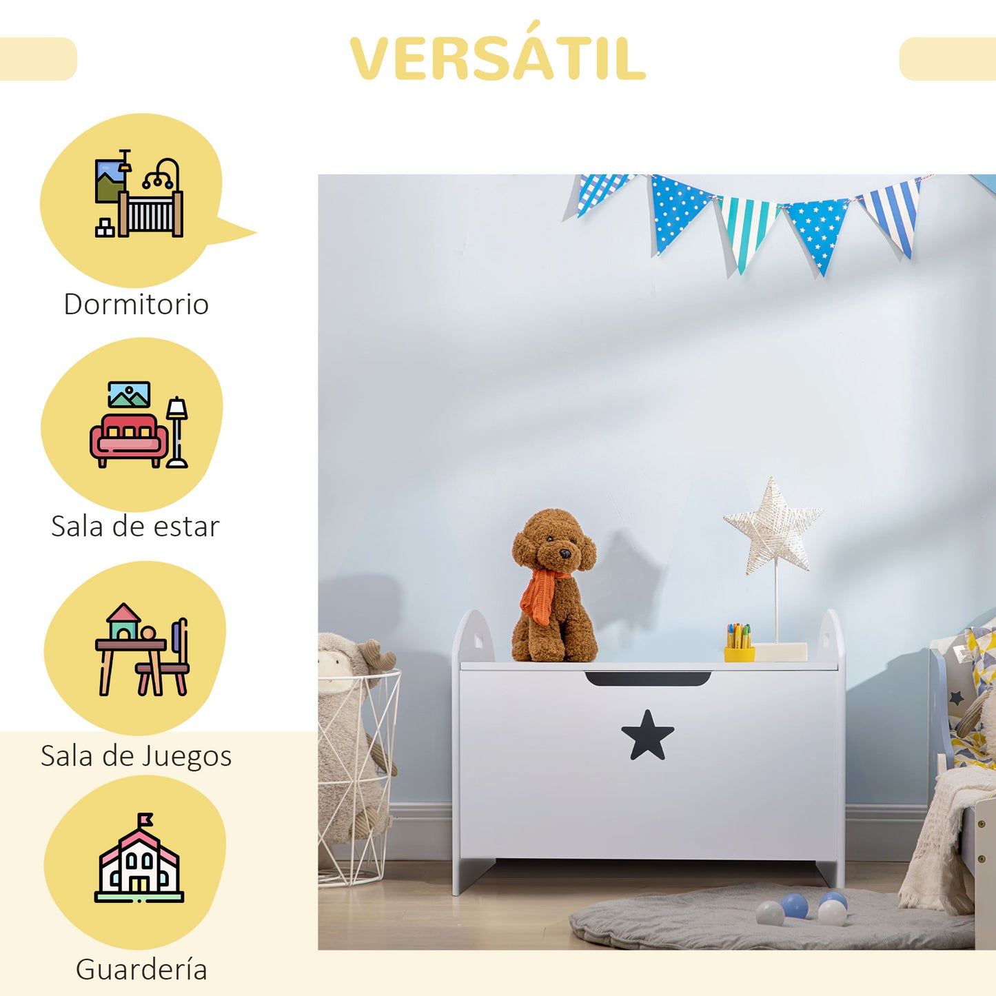 HOMCOM Baúl de Almacenaje Organizador de Juguete de Niño Tapa Reversible Diseño con Seguridad 62x40x46,5 cm Amplio Espacio Carga 20 kg Blanco