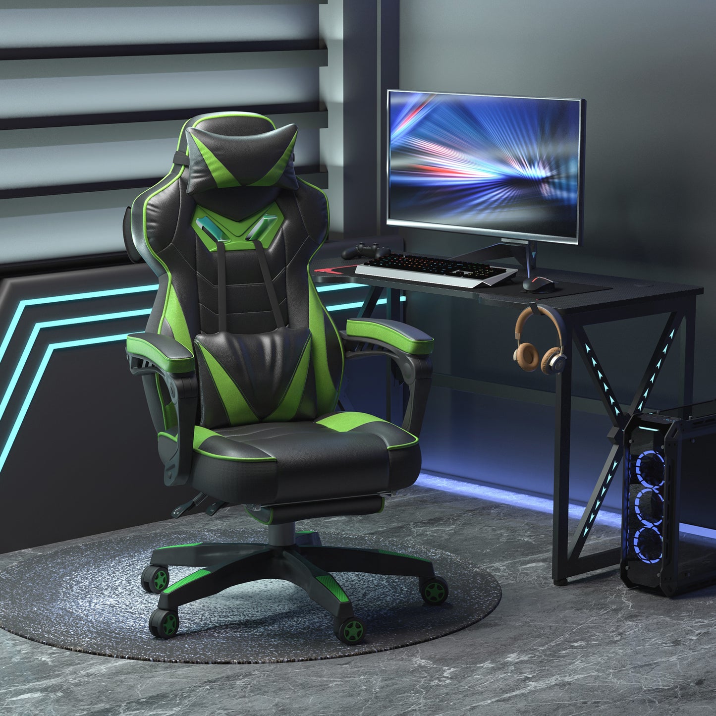 Vinsetto Silla Gaming Ergonómica Silla de Escritorio de Oficina Regulable en Altura Reclinable Respaldo con Reposapiés Reposacabezas Cojín Lumbar Ruedas 65x70x118,5-128,5 cm Verde