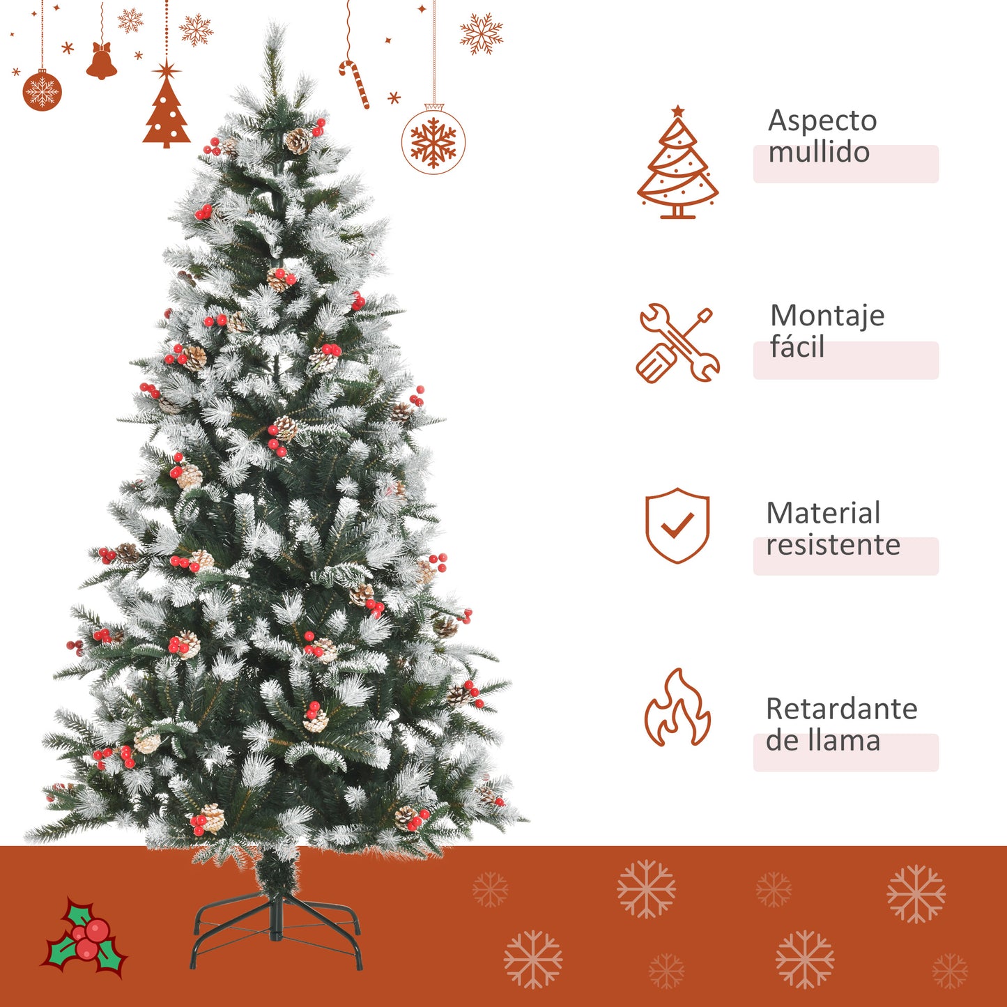 HOMCOM Árbol de Navidad Artificial 180 cm con 678 Ramas 53 Piñas y 53 Bayas Hojas de PVC PE Base Plegable y Soporte Metálico Decoración Navideña para Interiores Verde