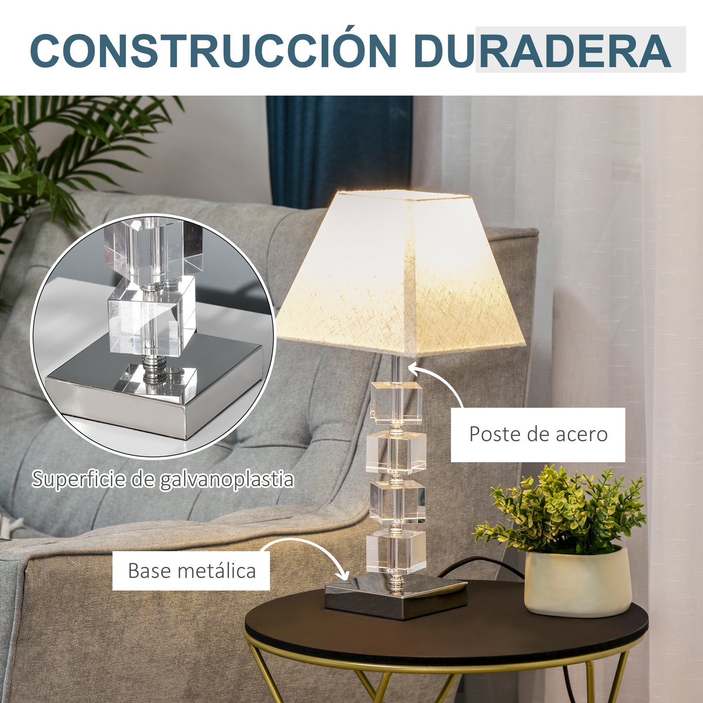 HOMCOM Lámpara de Mesita de Noche Lámpara de Mesa con Casquillo E14 Máx. 40W Cristal Giratorio y Base de Metal para Salón Oficina Dormitorio 20x20x47 cm Crema