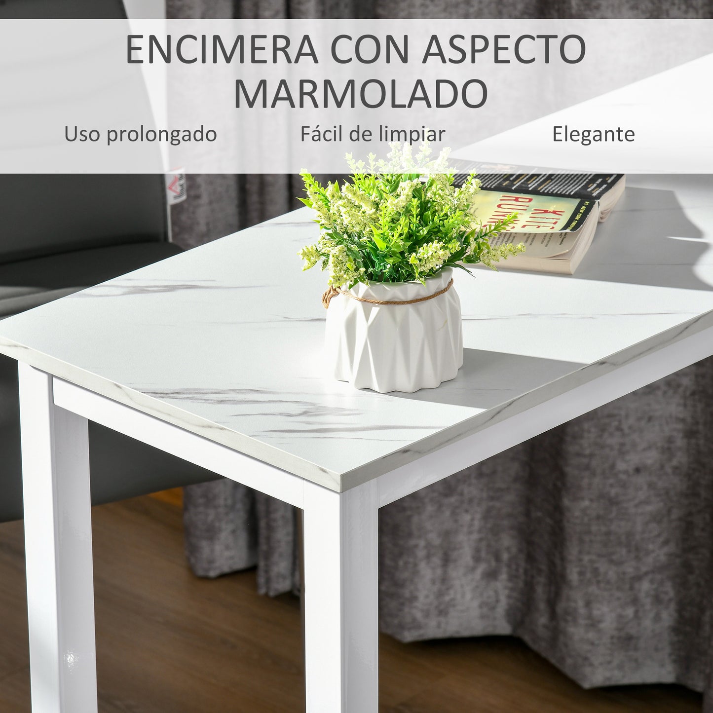 HOMCOM Mesa de Bar Mesa Alta con Encimera de Melamina Efecto Marmoleado y Patas de Acero Estilo Moderno para Cocina Cafetería Comedor 120x40x100 cm Blanco