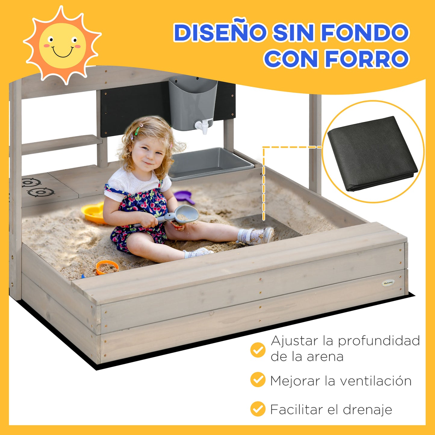 Outsunny Arenero de Madera para Niños con Techo Regulable Arenero Infantil con Juguetes de Cocina Pizarra y Banco Juego para Niños de 3-7 Años para Patio Jardín 114x110x110 cm Gris