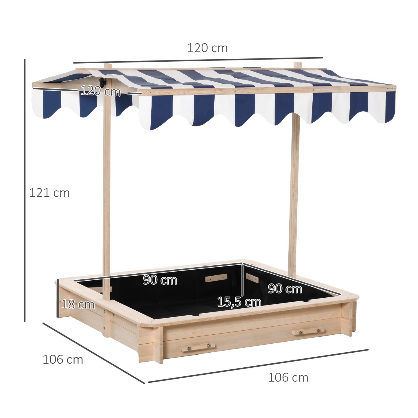 Outsunny Arenero para Niños de Madera Arenero Infantil con Toldo Ajustable en Altura 2 Bancos y Respaldos Desmontables para Patio Jardín 106x106x121 cm Madera Natural