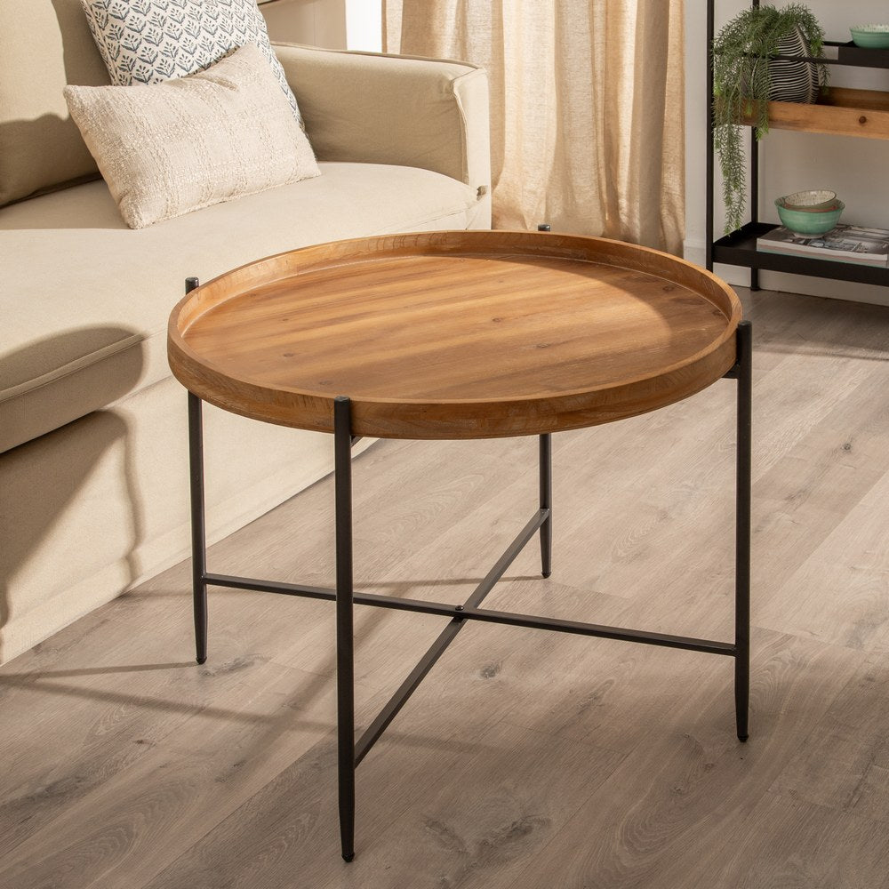 Mesa Centro Natural-negro Metal-madera 80 X 80 X 55 Cm - IXIA