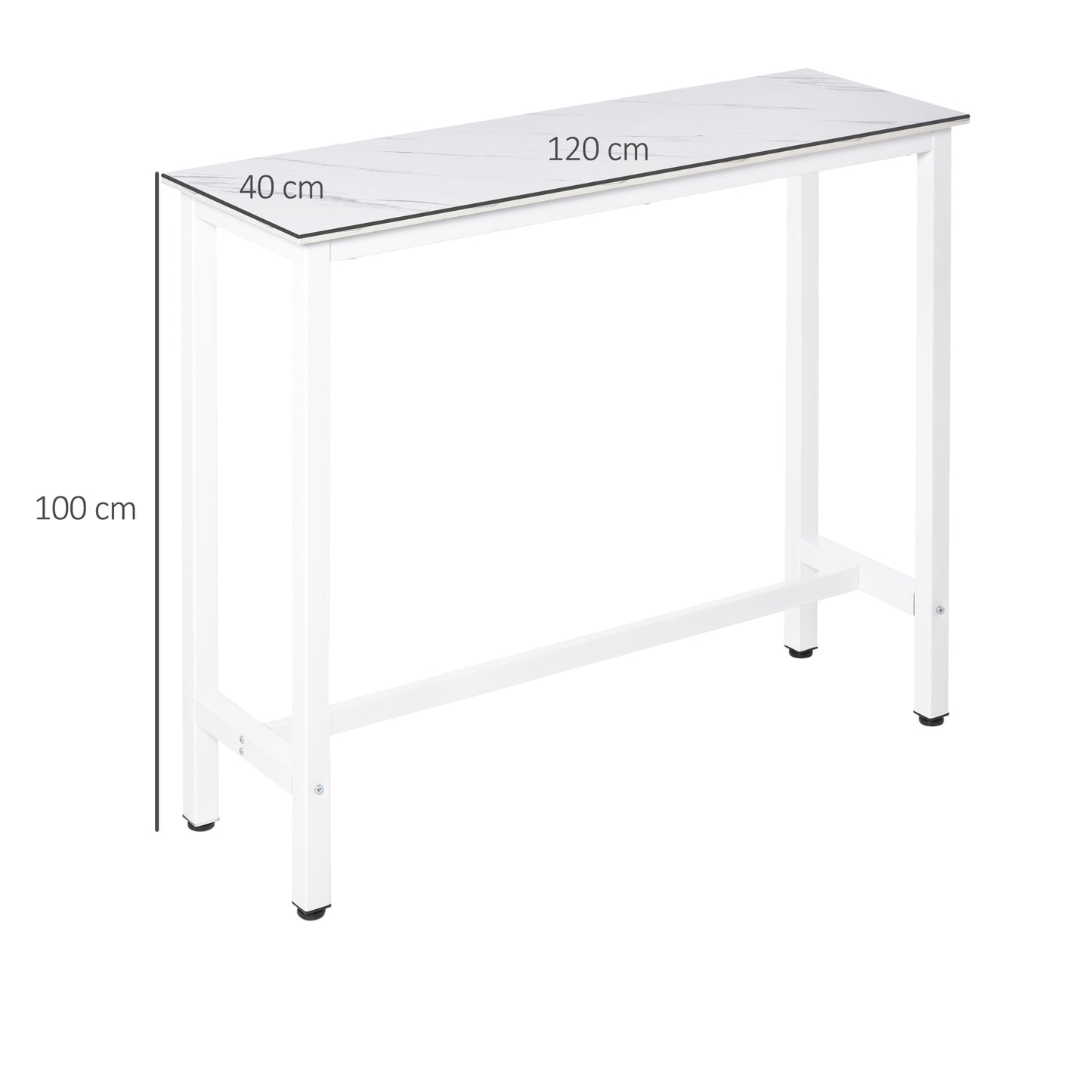 HOMCOM Mesa de Bar Mesa Alta con Encimera de Melamina Efecto Marmoleado y Patas de Acero Estilo Moderno para Cocina Cafetería Comedor 120x40x100 cm Blanco