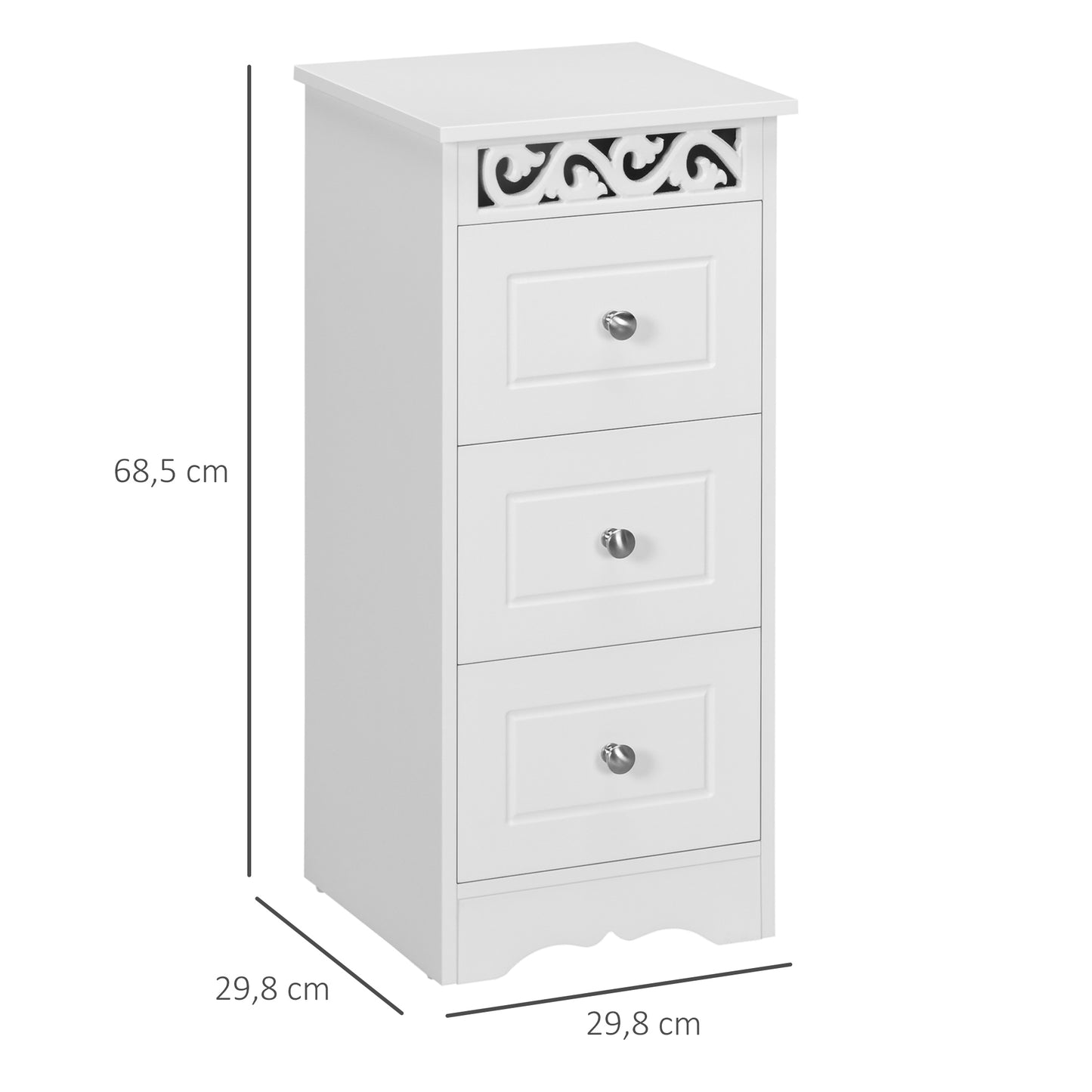 HOMCOM Armario de Almacenamiento Cajonera Blanca Cómoda con 3 Cajones para Cocina Comedor Salón Dormitorio Baño 29,8x29,8x68,5 cm