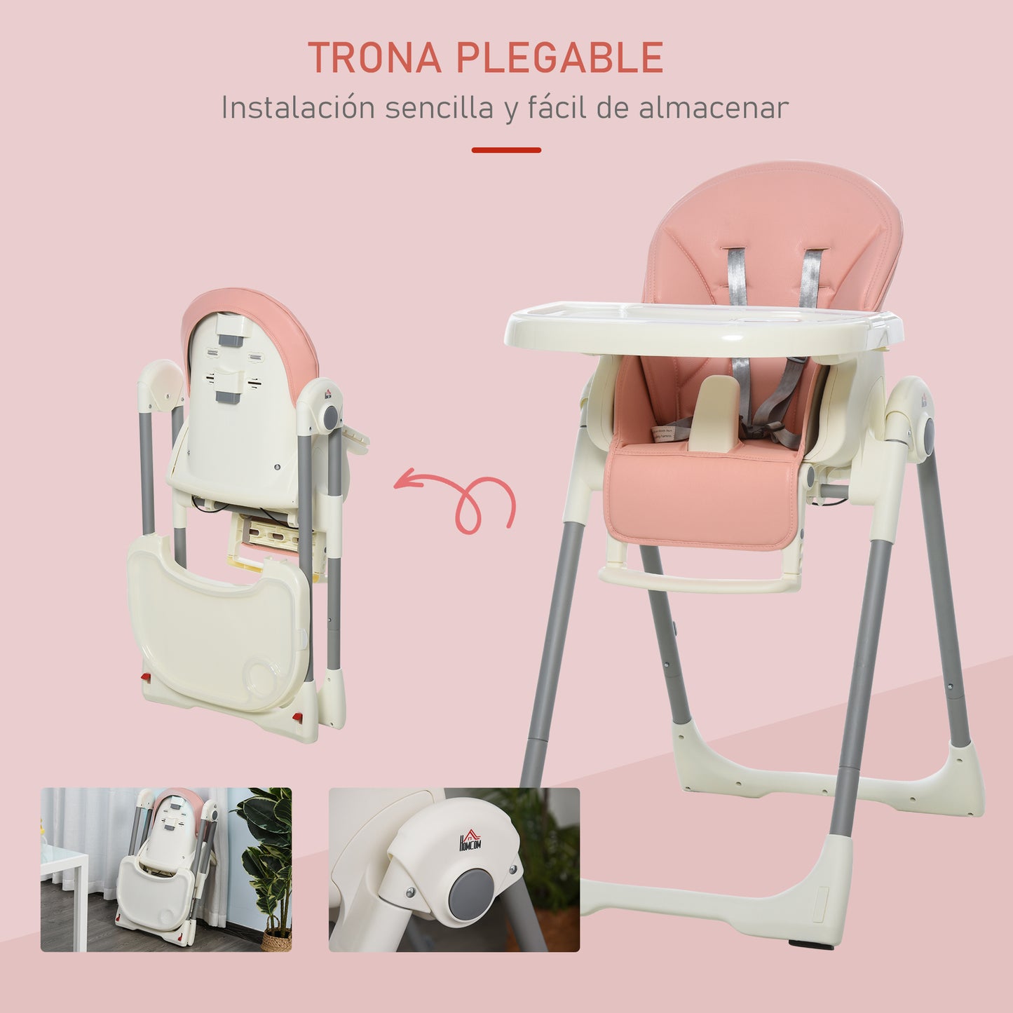 HOMCOM Trona para Bebé Evolutiva Ajustable y Plegable con Doble Bandeja Trona Portátil de +6 Meses Reclinable con 2 Ruedas y Frenos 55x80x104 cm Rosa