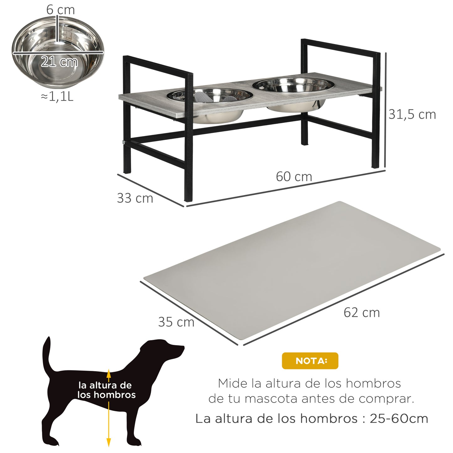 PawHut Comedero Elevado para Perros Altura Ajustable Cuencos para Perros con 2 Tazones 1100ml de Acero Inoxidable Tapete y Alimentador Lento 60x33x10-31,5 cm Gris