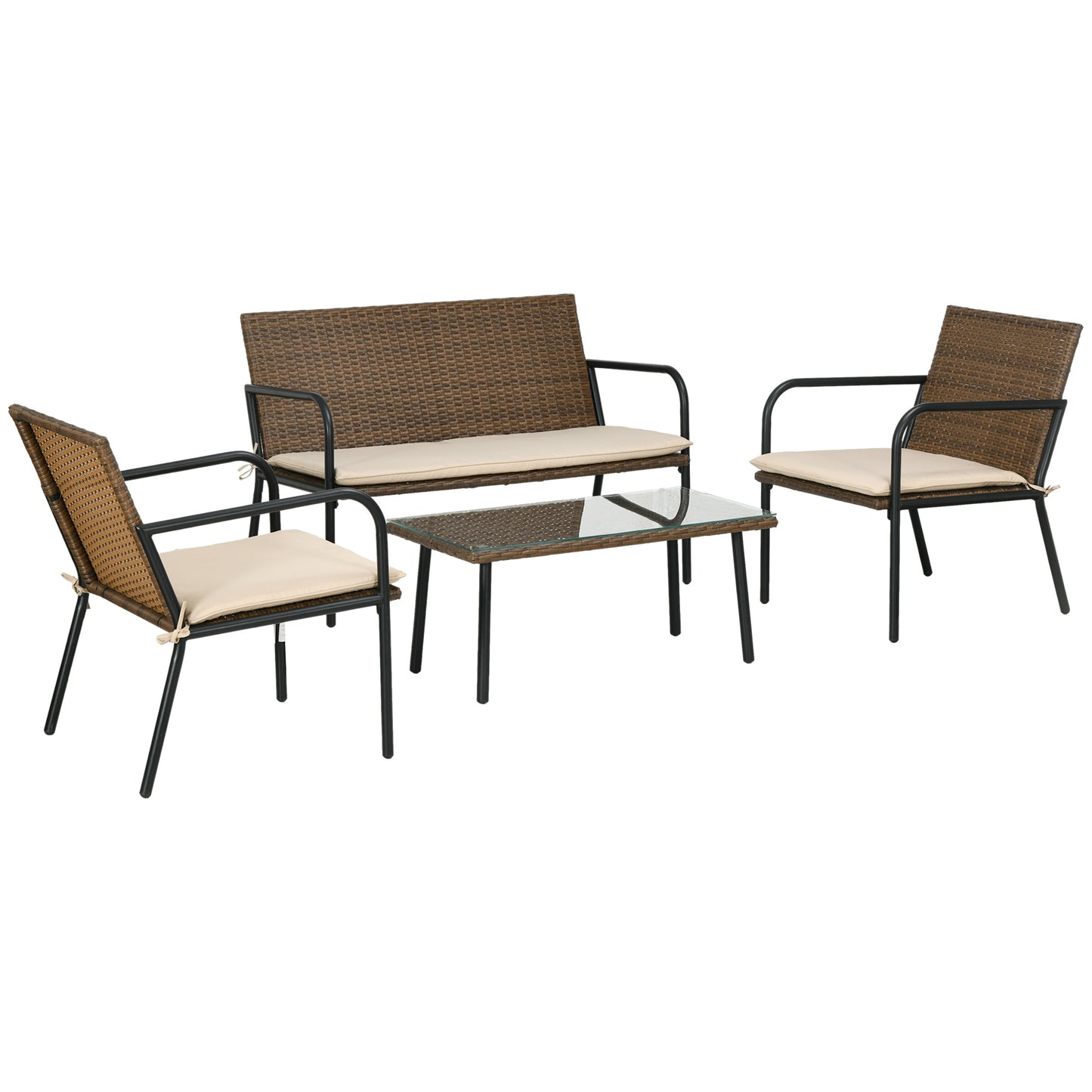 Outsunny Conjunto de Jardín de Ratán Sintético Juego de 4 Piezas Muebles de Jardín con 2 Sofás Individuales 1 Sofá de 2 Plazas y 1 Mesa de Vidrio Templado Anti-UV para Terraza Patio Multicolor