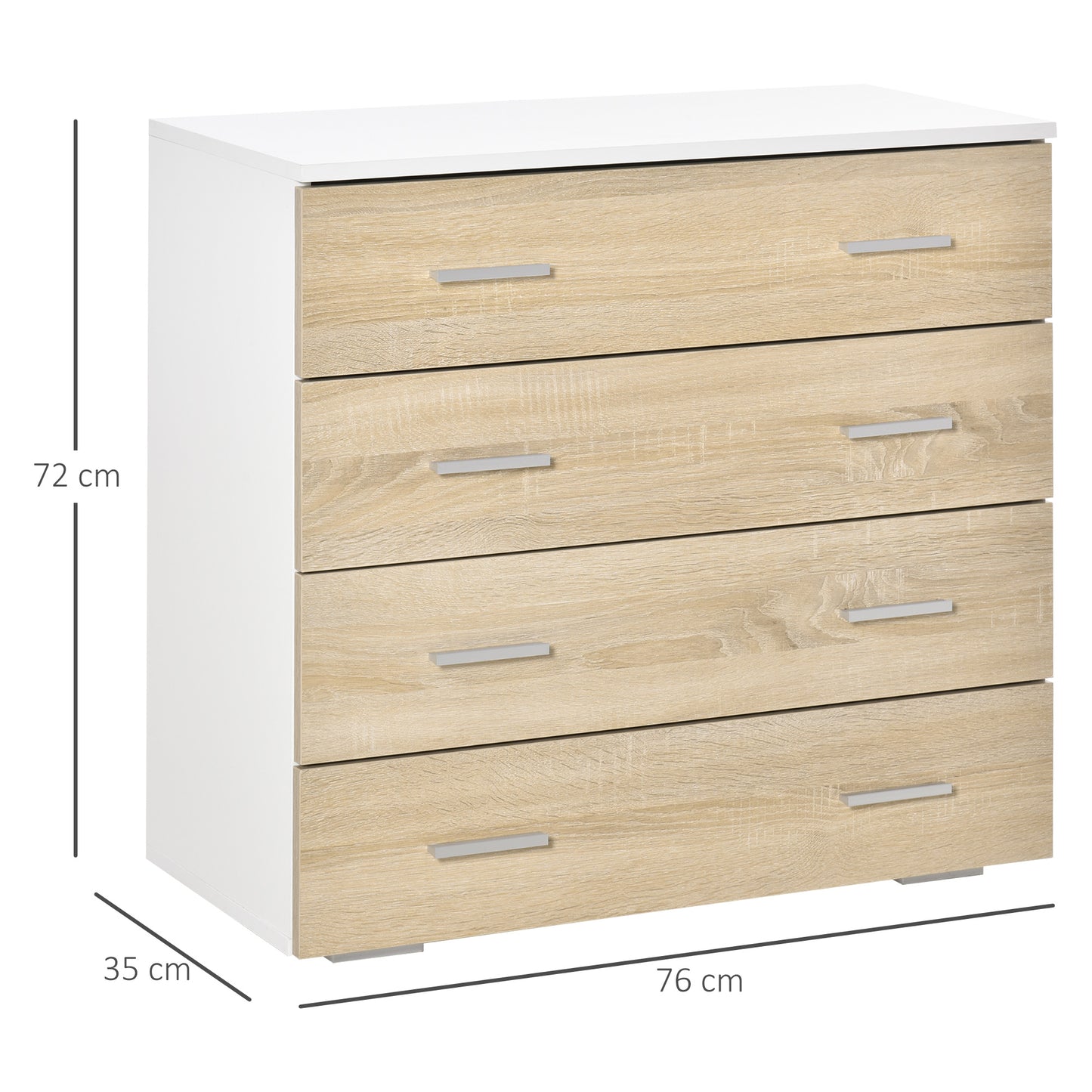 HOMCOM Cómoda con 4 Cajones Cajonera Auxiliar de Almacenaje Moderna para Dormitorio Pasillo Sala de Estar 76x35x72 cm Acabado en Color Roble y Blanco