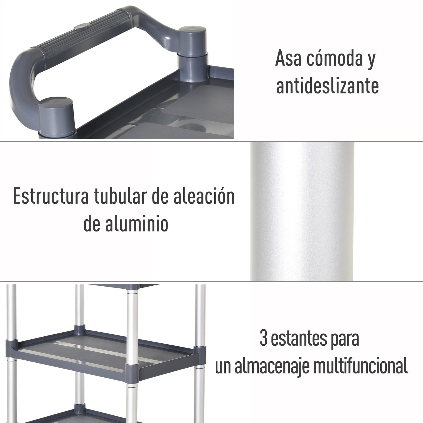 HOMCOM Carrito Auxiliar con Ruedas de Aleación de Aluminio Carrito de Cocina de 3 Niveles Carrito de Almacenamiento Carga 105 kg para Comedor Sala Baño 88x44x93 cm Gris