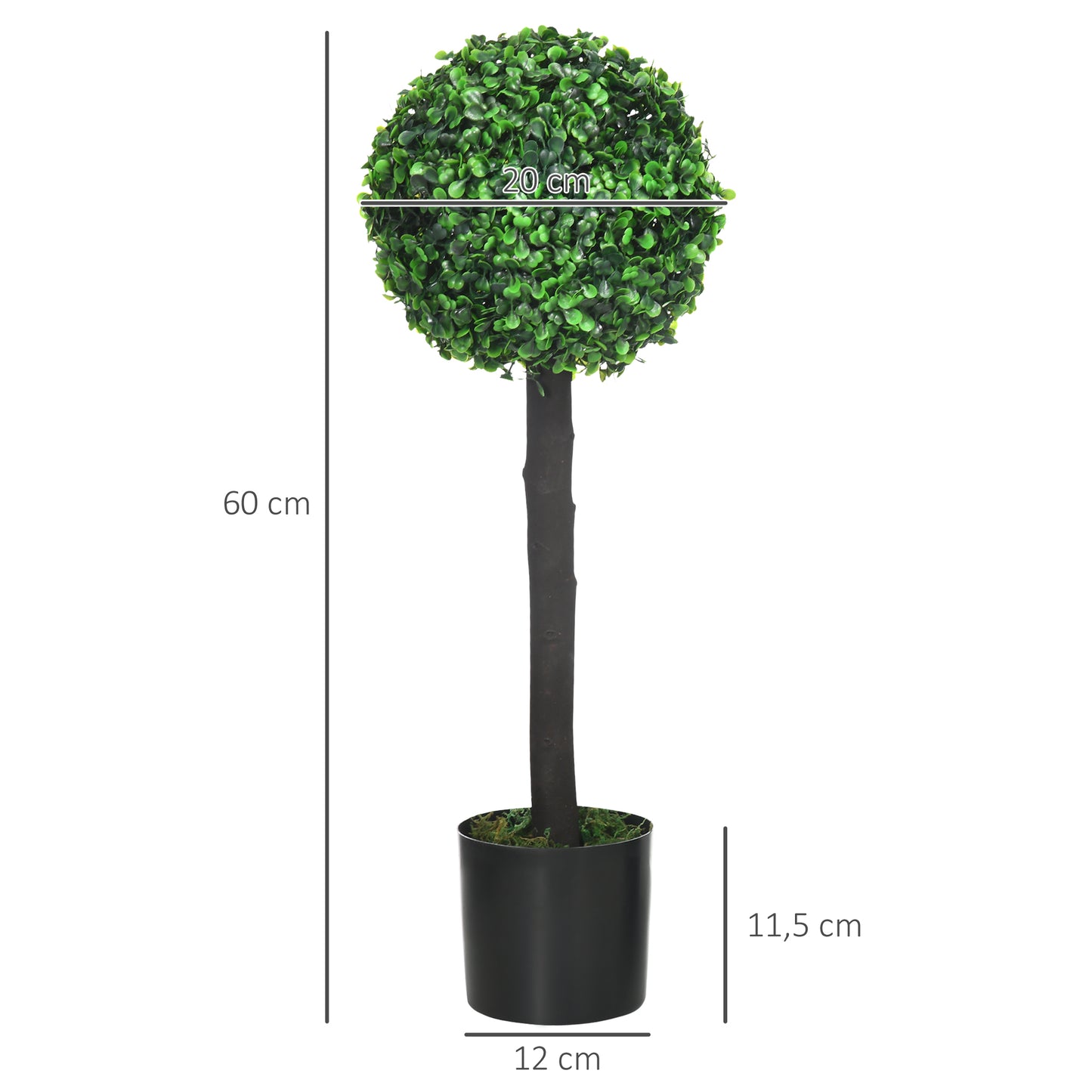 HOMCOM Juego de 2 Plantas Artificiales Decorativas 60 cm Árboles de Bolas de Boj en Macetas Plantas Falsas para Decoración Interior y Exterior del Hogar Ø20x60 cm Verde