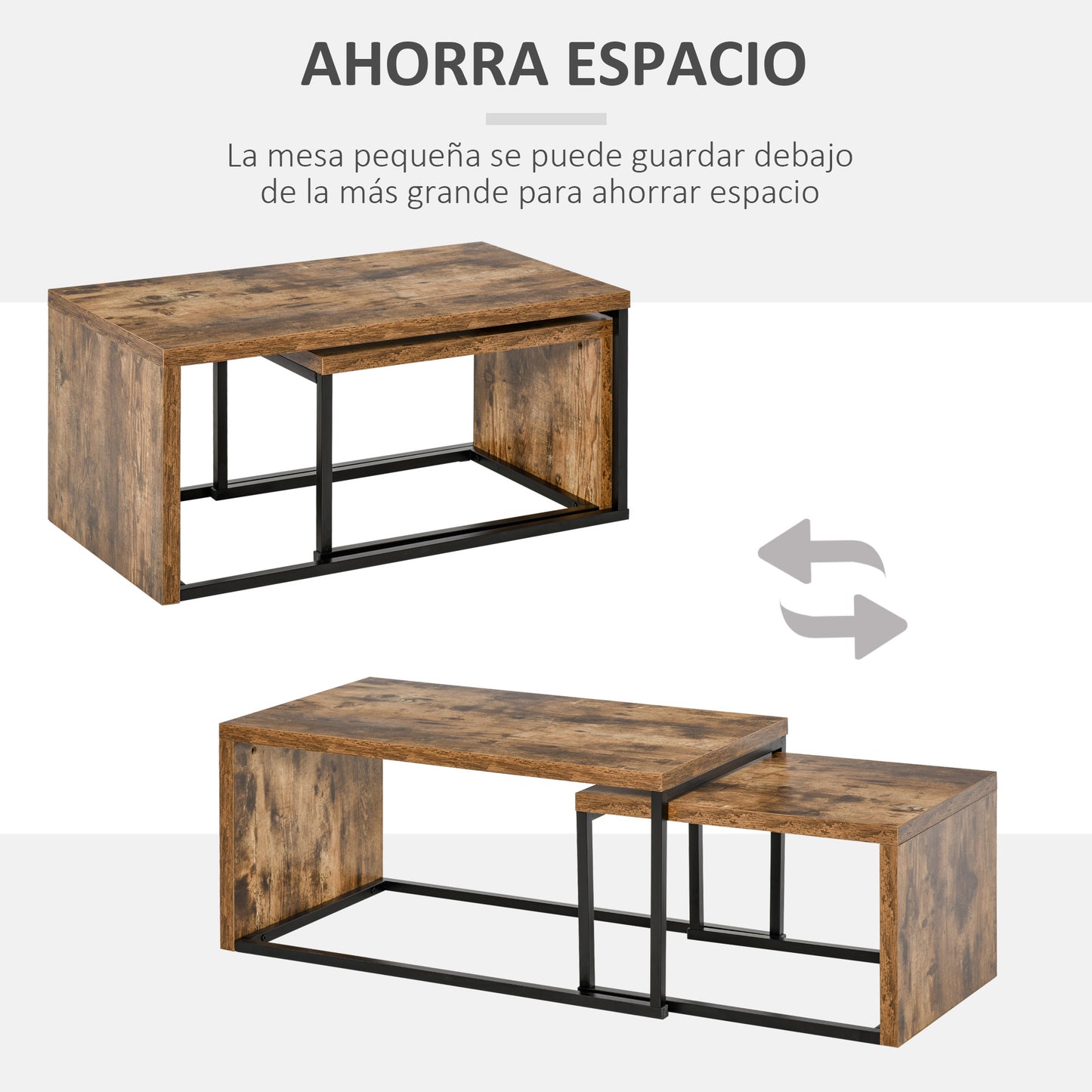 HOMCOM Juego de 2 Mesas de Centro Mesitas de Café con Patas de Metal Estilo Industrial para Salón Comedor Sala de Estar 90x48x42 cm y 59x42x36 cm Marrón Rústico