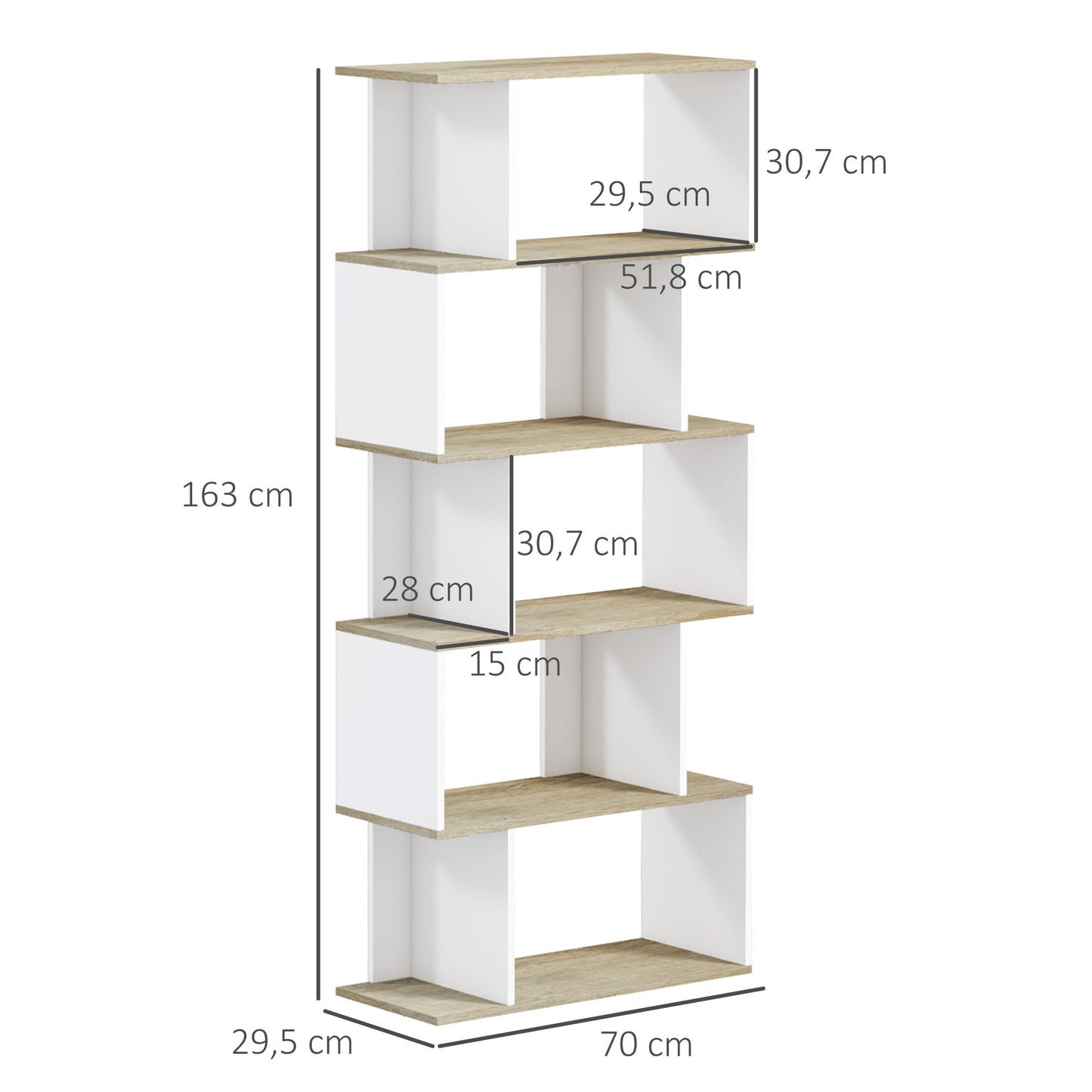 HOMCOM Estantería Librería Estilo Nórdico Librería con 5 Estantes Antivuelco Carga 25 kg para Estudio Oficina Salón 70x29,5x163 cm Roble y Blanco