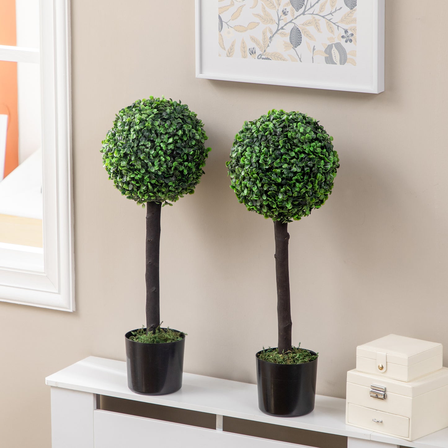 HOMCOM Juego de 2 Plantas Artificiales Decorativas 60 cm Árboles de Bolas de Boj en Macetas Plantas Falsas para Decoración Interior y Exterior del Hogar Ø20x60 cm Verde