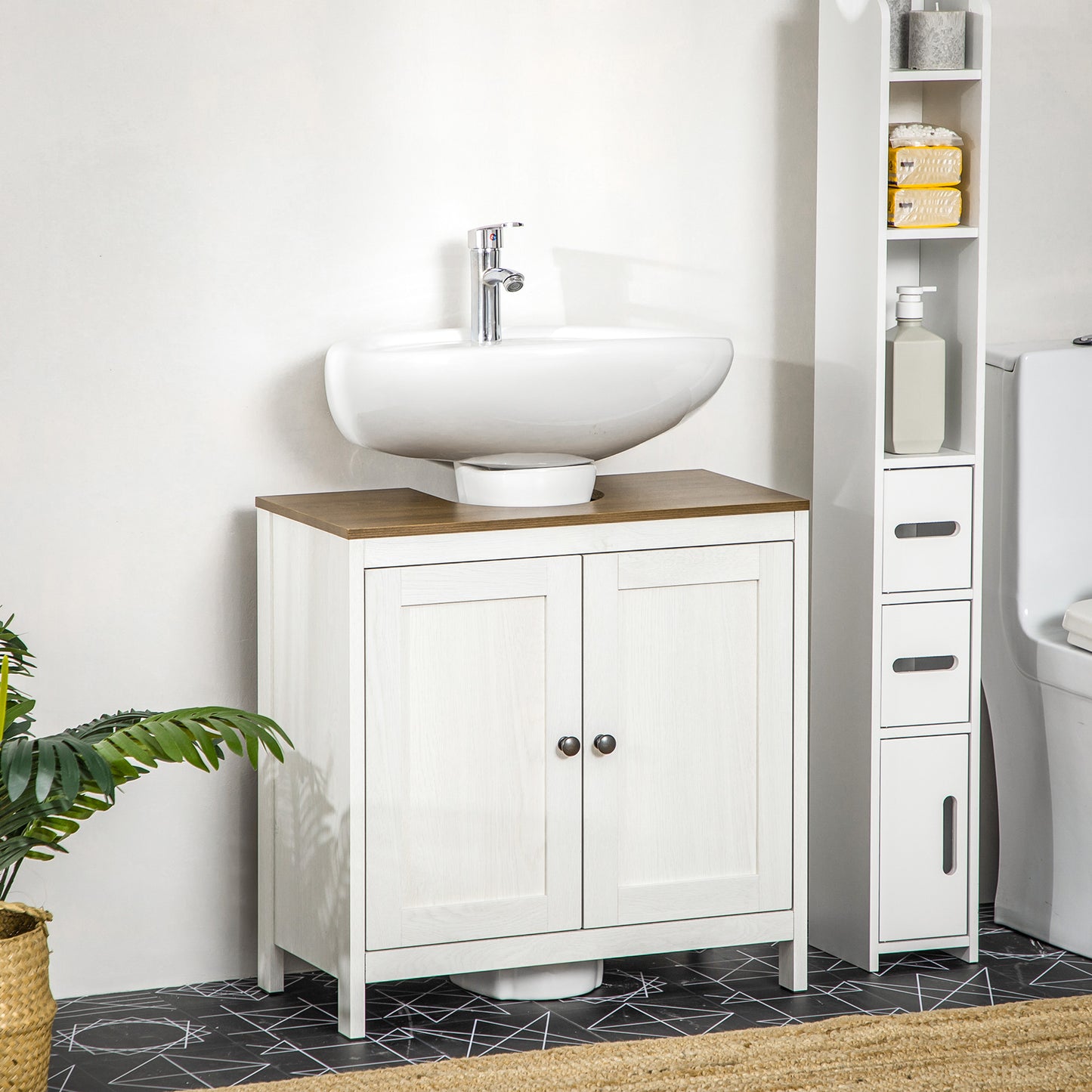 kleankin Mueble para Debajo del Lavabo Armario Bajo Lavabo de Madera con 2 Puertas y Estante Ajustable Armario de Baño de Suelo Moderno 60x30x60 cm Blanco