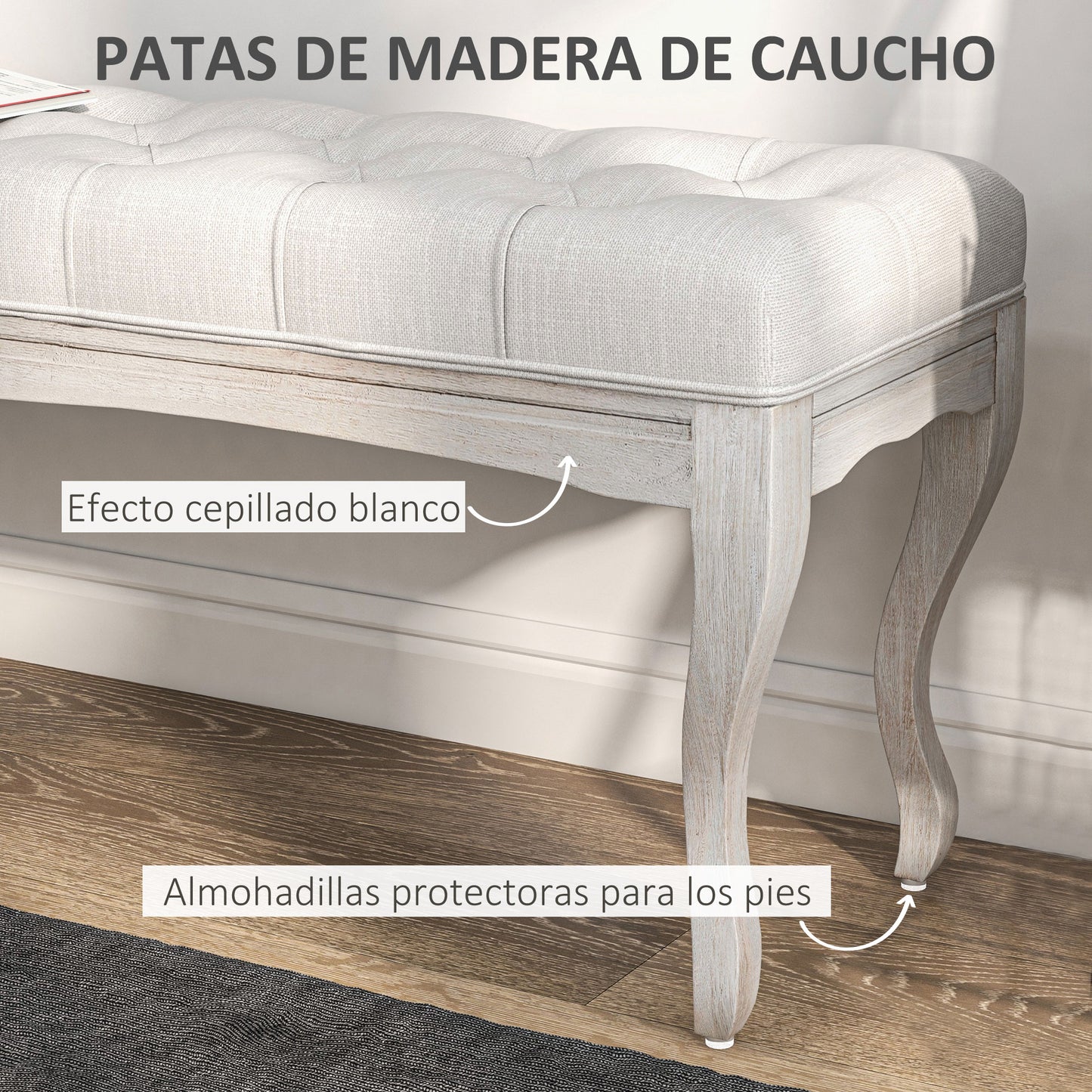 HOMCOM Taburete Pie de Cama Banco para Pie de Cama con Pies de Madera y Asiento Acolchado Carga 120 kg Banqueta de Dormitorio para Entrada Pasillo 110x37x49 cm Crema