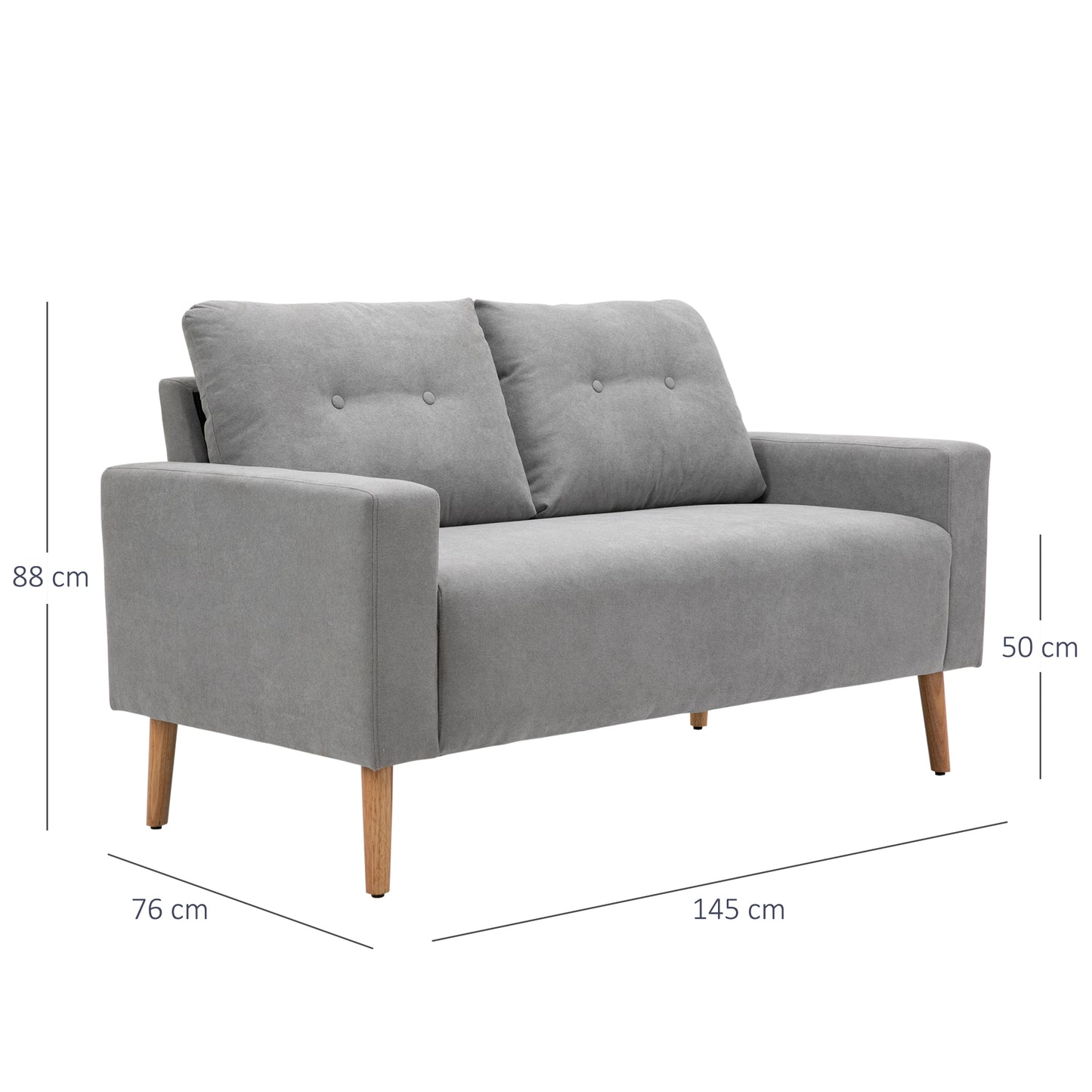 HOMCOM Sofá de 2 Plazas Sillón Moderno Tapizado en Poliéster con 2 Cojines Reposabrazos y Patas de Madera de Caucho para Dormitorio Oficina 145x76x88 cm Gris