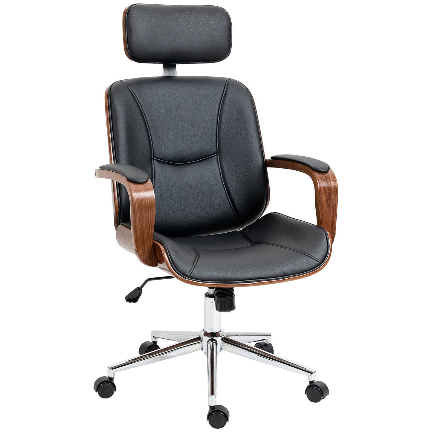 Vinsetto Silla de Oficina Ergonómica Silla de Escritorio Giratoria de Cuero PU con Reposacabezas Extraíble Altura Ajustable y Función de Inclinación 63x62x110-120 cm Negro