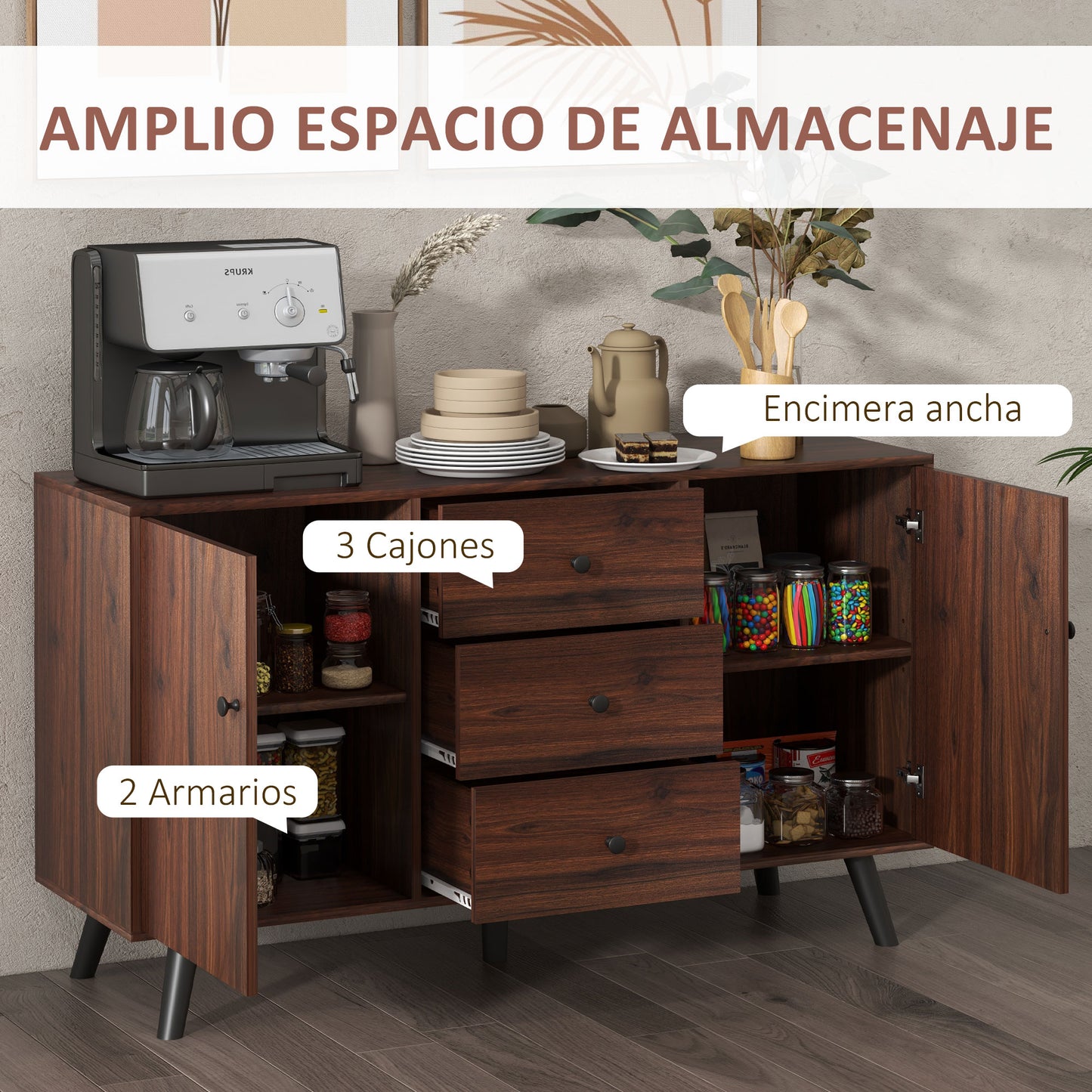 HOMCOM Aparador de Salón Aparador Buffet Mueble Auxiliar de Cocina con 2 Puertas y 3 Cajones para Comedor Dormitorio Oficina 127x40x76 cm Marrón