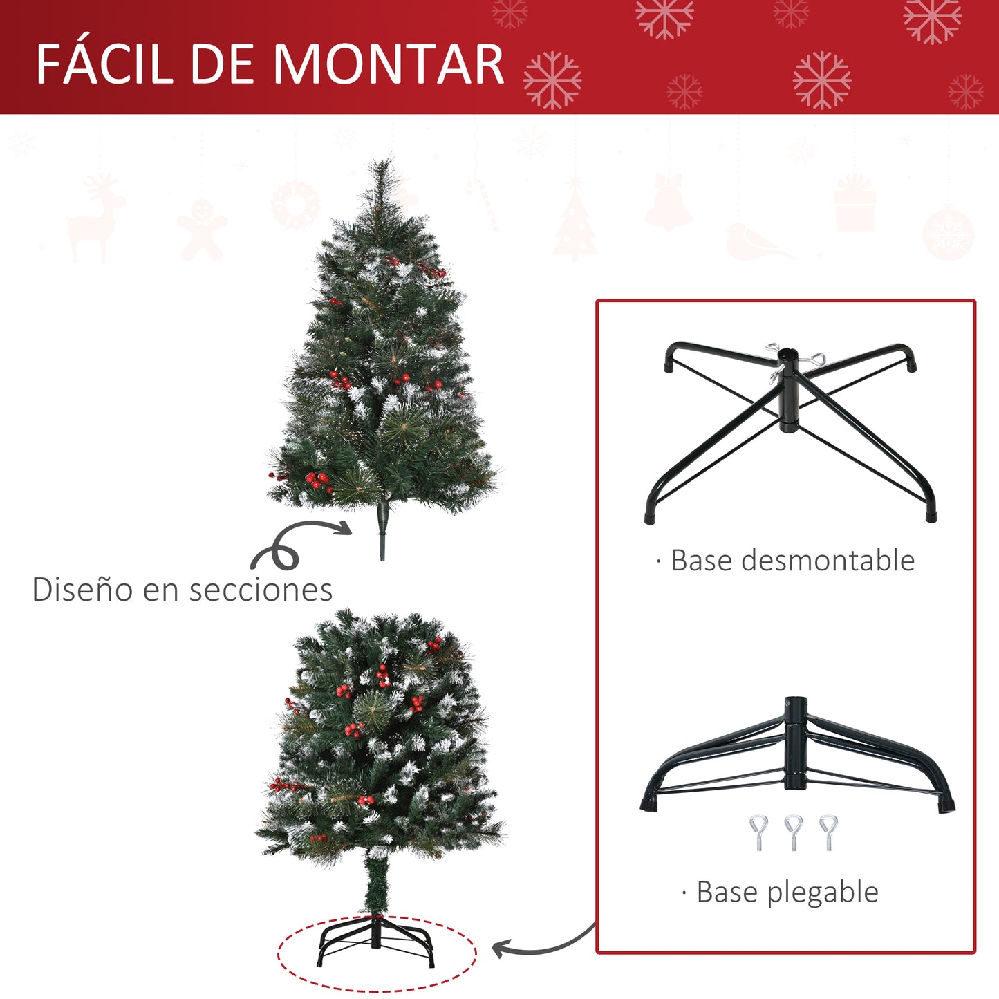 HOMCOM Árbol de Navidad Artificial con Nieve 150 cm Ignífugo con 360 Ramas 38 Bayas Base Plegable y Soporte Metálico Decoración Navideña para Interiores Verde