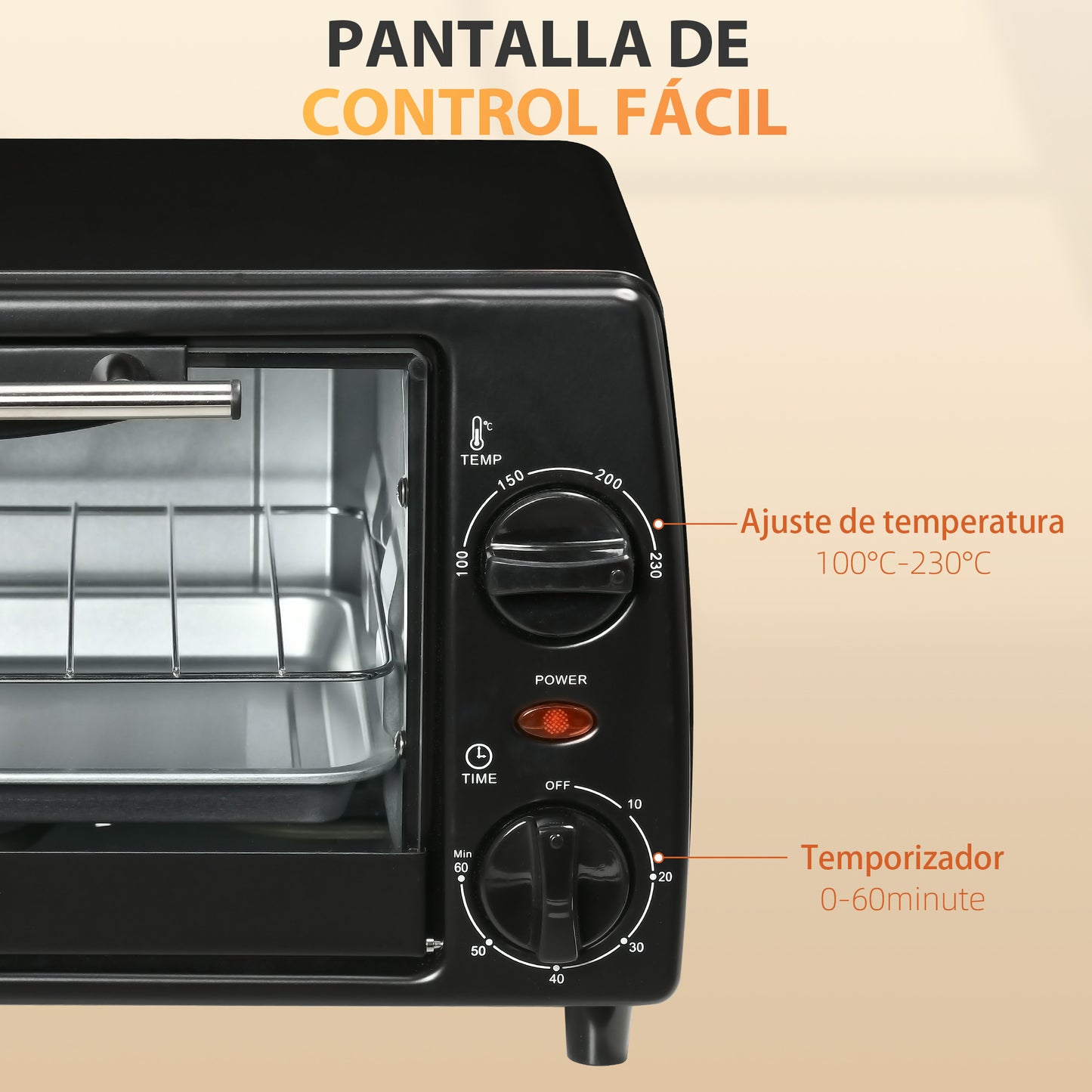 HOMCOM Horno Eléctrico Sobremesa 10 Litros 750W Horno Eléctrico Pequeño con Temperatura hasta 230 ℃ Temporizador 60 Minutos Bandeja y Rejilla 36,5x26x22 cm Negro