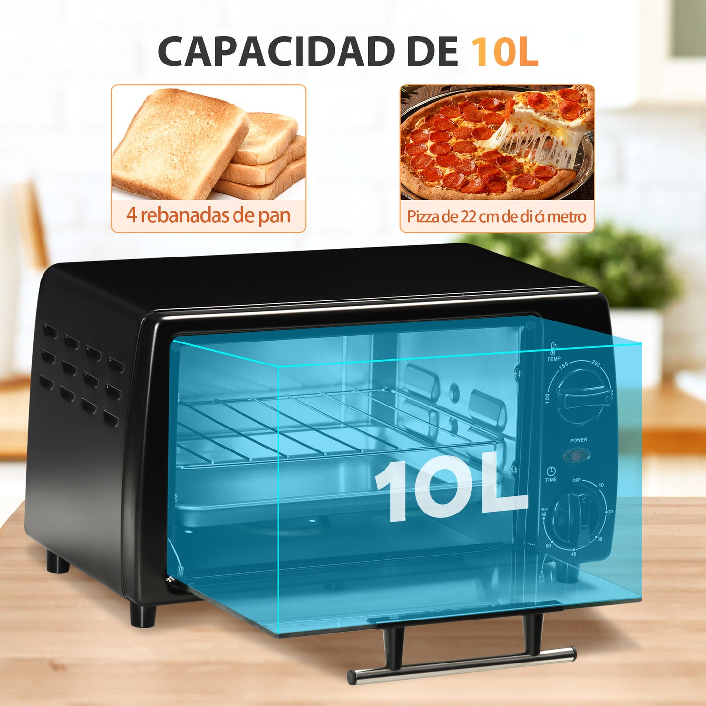 HOMCOM Horno Eléctrico Sobremesa 10 Litros 750W Horno Eléctrico Pequeño con Temperatura hasta 230 ℃ Temporizador 60 Minutos Bandeja y Rejilla 36,5x26x22 cm Negro