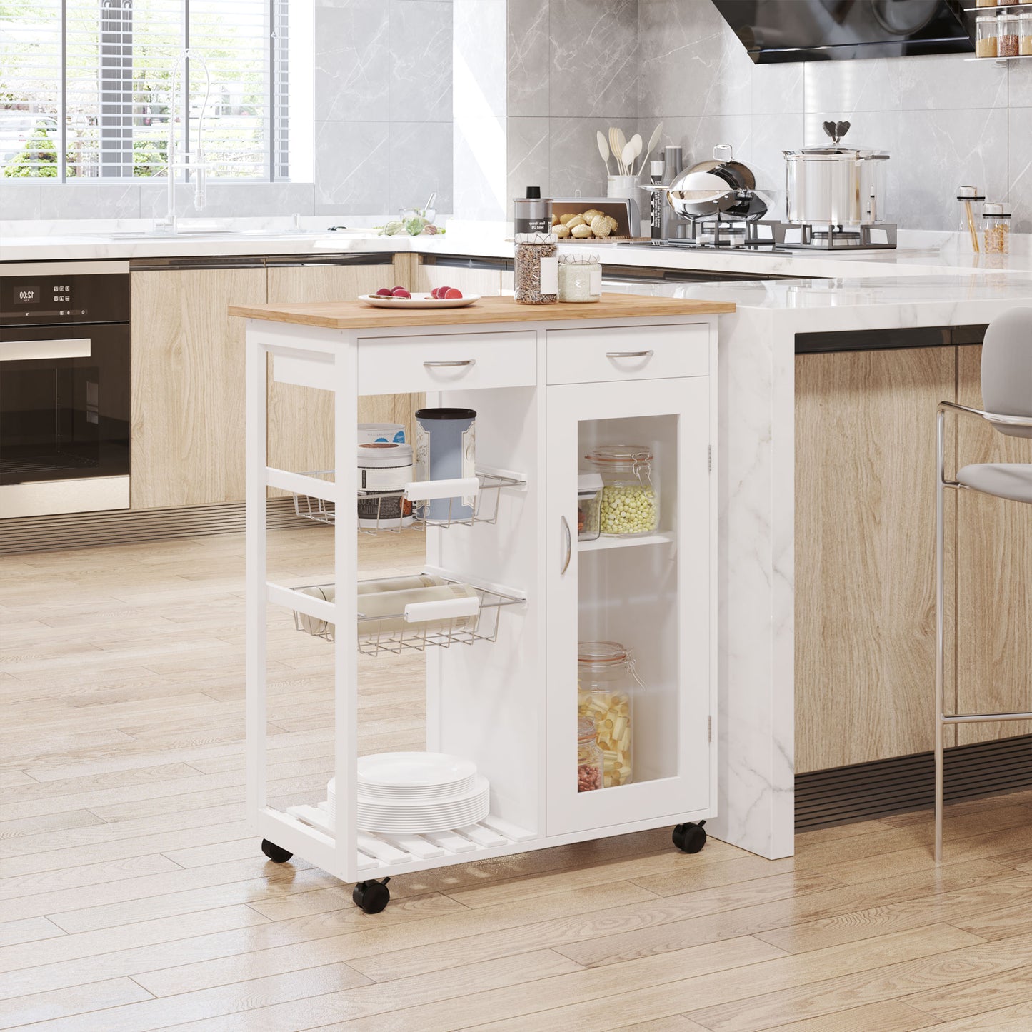 HOMCOM Carro de Cocina Carrito de Servir Multiusos Estantería Carrito Auxiliar con Ruedas para Baño Dormitorio con Estantes Cestas Cajones 70x37x85cm Madera