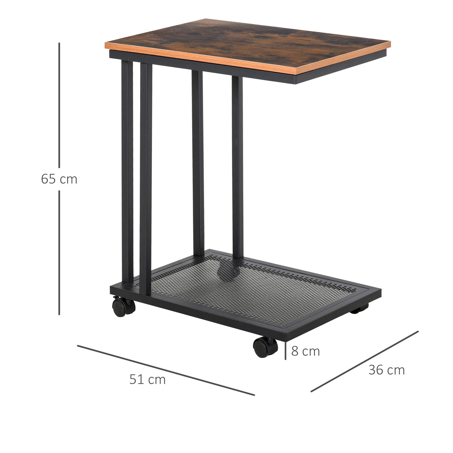 HOMCOM Mesa Lateral Mesa Auxiliar con Ruedas para Sofá Salón Dormitorio Estilo Industrial Retro Mesa Café Ordenador Metal y Madera 51x36x65 cm