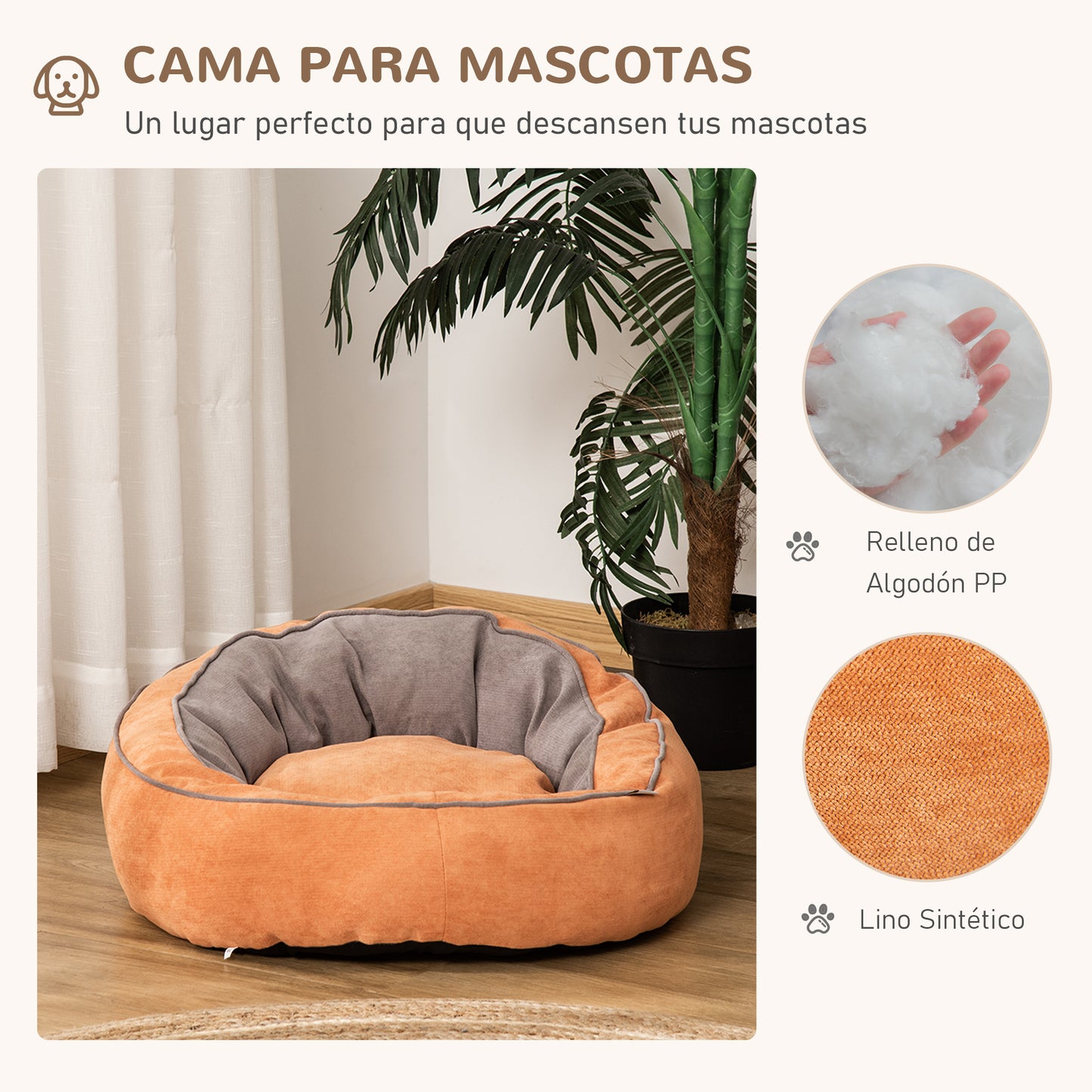 PawHut Cama para Perros y Gatos Pequeños Cojín Suave para Mascotas Pequeños Redondo 59x59x30 cm Naranja y Gris