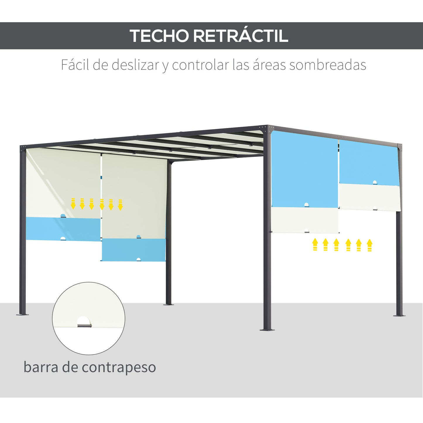 Outsunny Cenador de Jardín Pérgola 3x4 m con Techo Deslizable con Luces LED Energía Solar Marco de Acero Carpa para Patio Terraza Balcón Crema