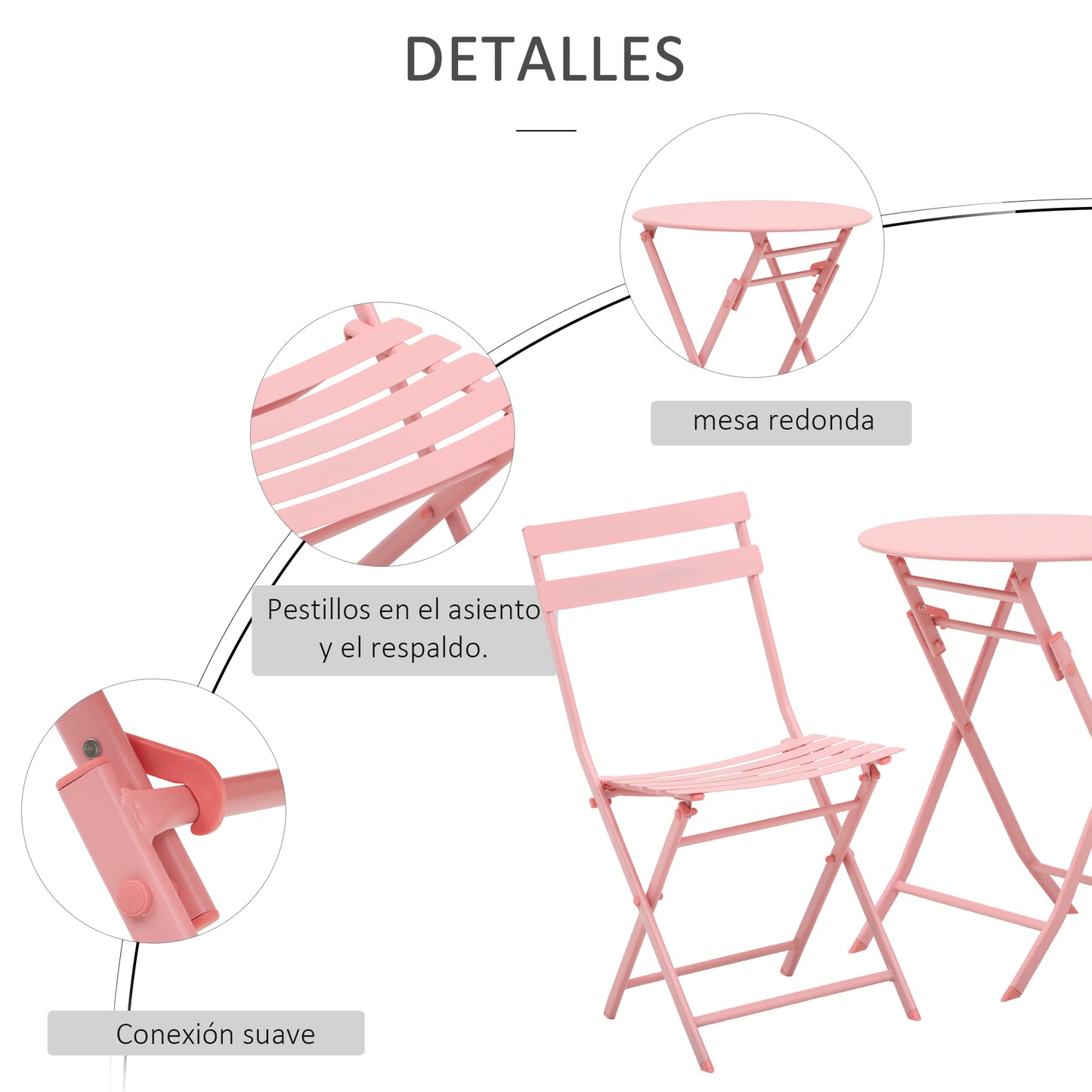 Outsunny Conjunto de Muebles de Jardín Plegable Juego de 1 Mesa Redonda y 2 Sillas de Terraza con Marco de Acero y Respaldo para Balcón Patio Rosa