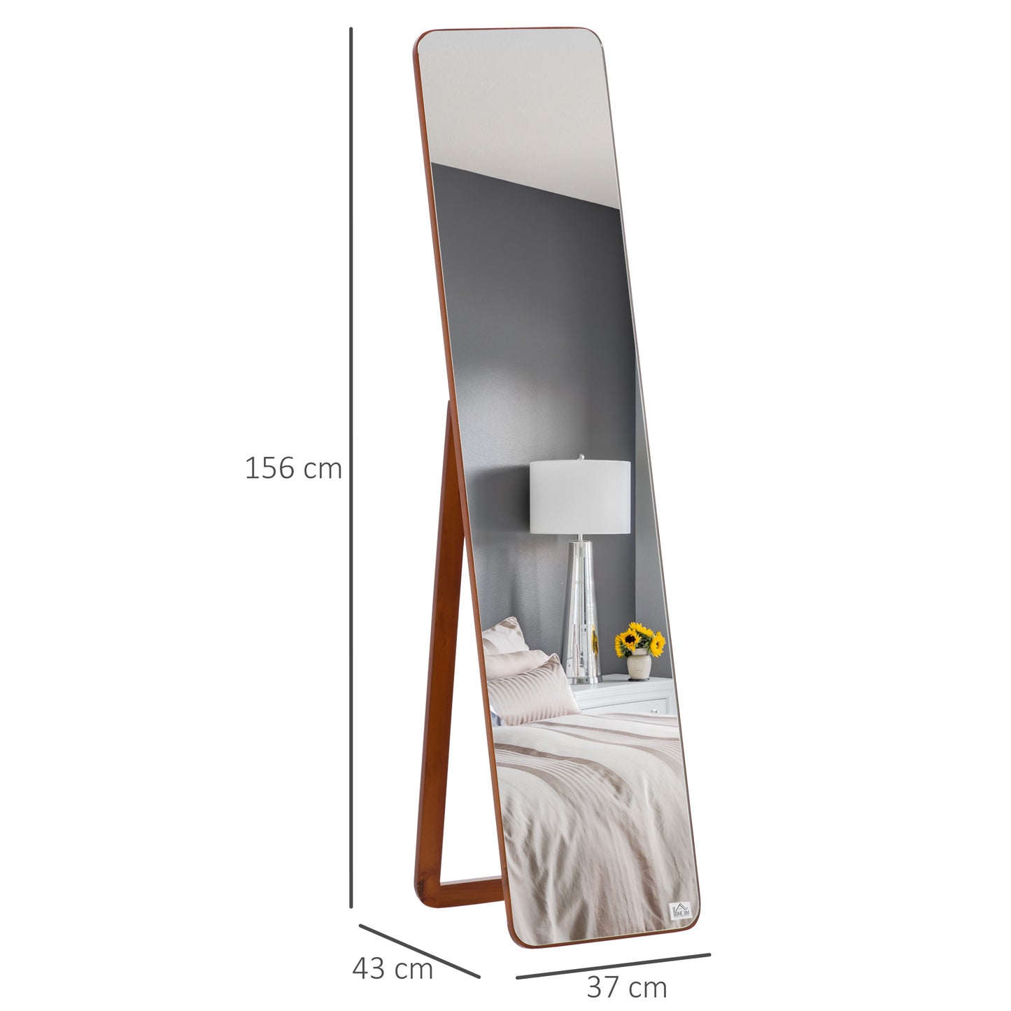 HOMCOM Espejo de Pie Cuerpo Entero Rectangular Espejo de Pared con 2 Formas de Uso Marco de Madera de Pino Moderno para Pasillo Dormitorio Sala de Estar 37x43x156 cm Nogal