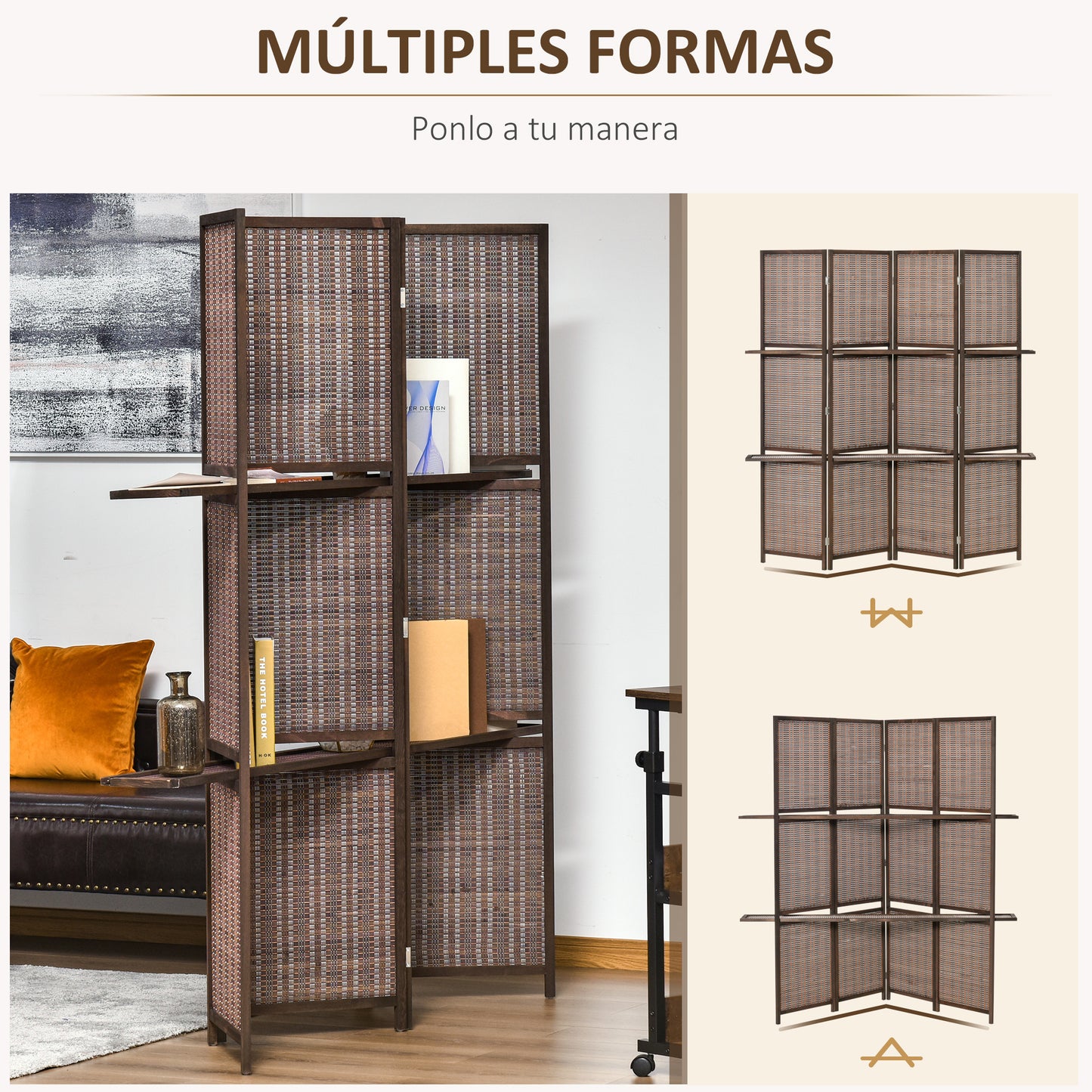 HOMCOM Biombo de 4 Piezas de Bambú Biombo Separador de Ambientes Plegable con 2 Estantes Extraíbles Divisor de Habitaciones Dormitorio 180x180 cm Marrón