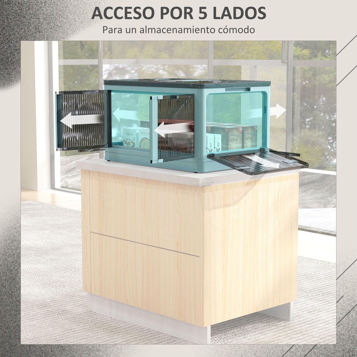 HOMCOM Caja de Almacenamiento Apilable con Tapa 69L Caja Organizadora Plegable con Ruedas Contenedor de Plástico con Acceso a 5 Lados 60x42x34 cm Azul