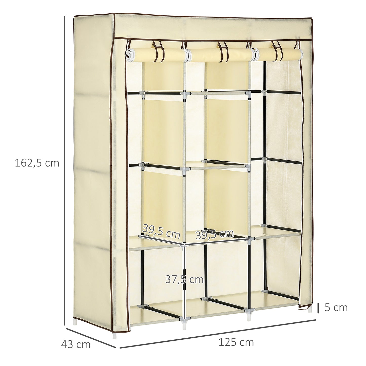 HOMCOM Armario de Tela Plegable Armario de Ropa Organizador Ropero Portátil con Estantes y Barra para Colgar para Dormitorio Vestidor 125x43x162,5 cm Crema