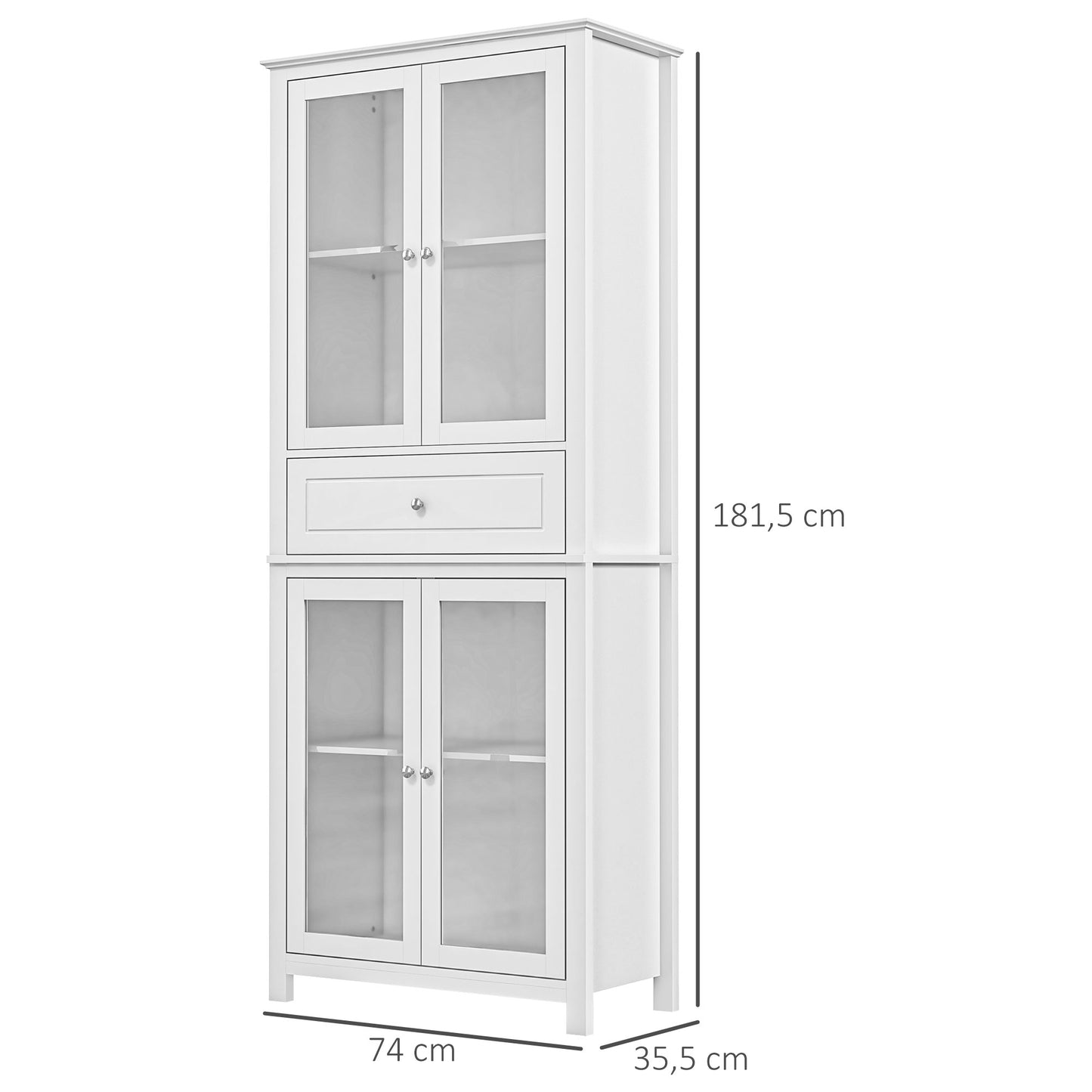 HOMCOM Alacena de Cocina Mueble Vitrina con 4 Puertas de Vidrio Templado Cajón y Estantes Ajustables para Salón Comedor 74x35,5x181,5 cm Blanco